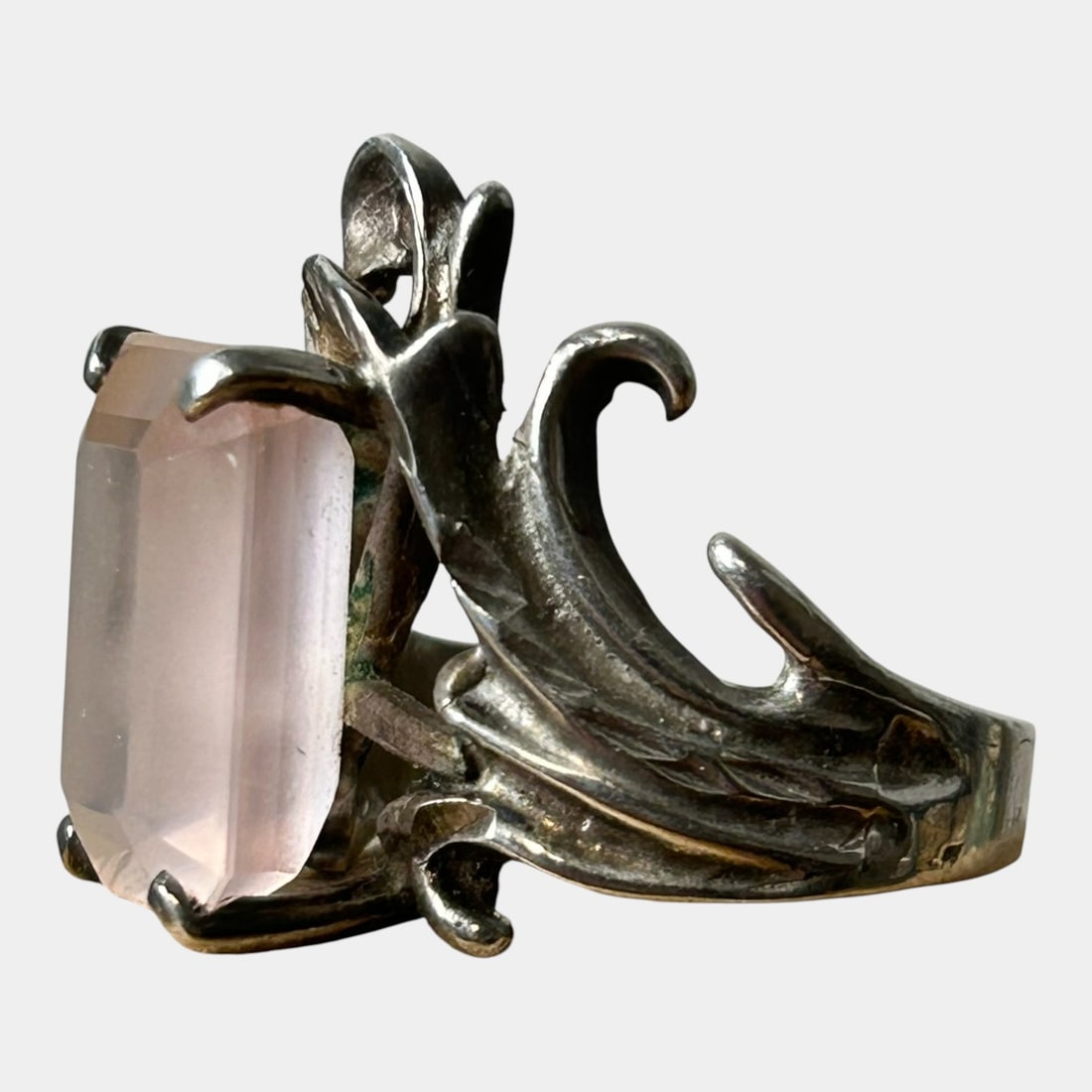 Sterling Silver 925 Arts & Crafts Inspired Vine Form Rose Quartz Ring Size 10 (1 of 3)