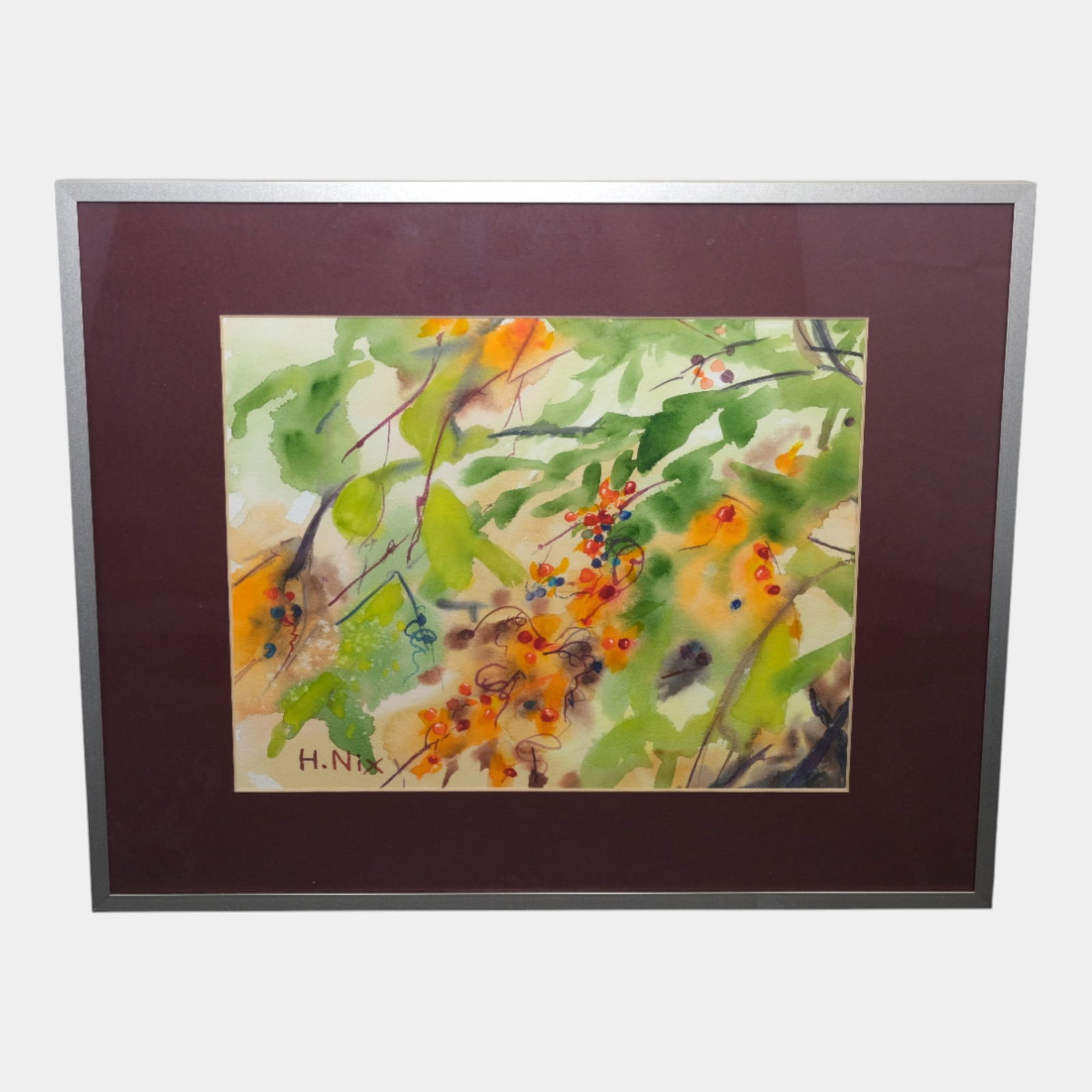 Helen Nix (American 1933-2025) Watercolor "Bittersweet" Floral Framed Painting: We offer affordable in-house shipping on all items. Helen Nix (American 1933-2025) Watercolor "Bittersweet" Floral Framed Painting Lightly gestural and vibrantly fresh, this floral painting by Helen