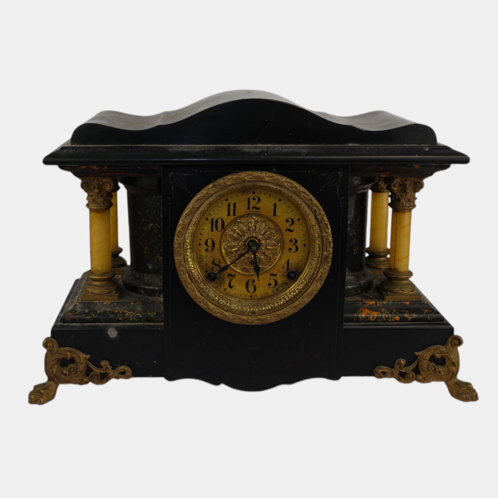 Seth Thomas Larkin 35 New Sucile Shasta Adamantine Mantle Clock: We offer affordable in-house shipping on all items. Seth Thomas Larkin 35 New Sucile Shasta Adamantine Mantle Clock Elegant antique black mantel clock featuring a gilt ornate dial, decorative columns
