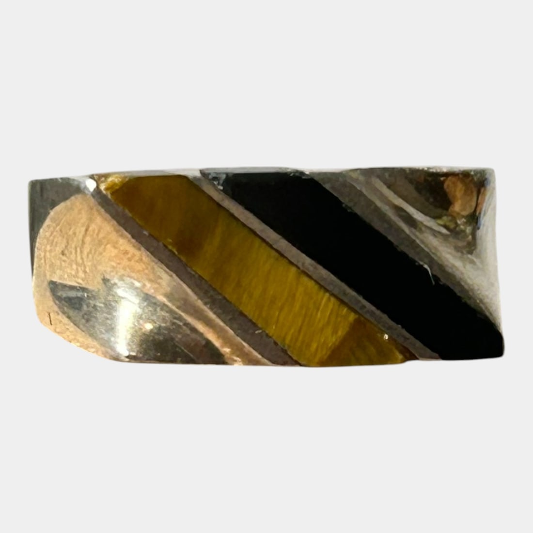 Sterling Silver 925 Tiger's Eye & Onyx Inlay Modernist Band Ring Size 6 (1 of 4)
