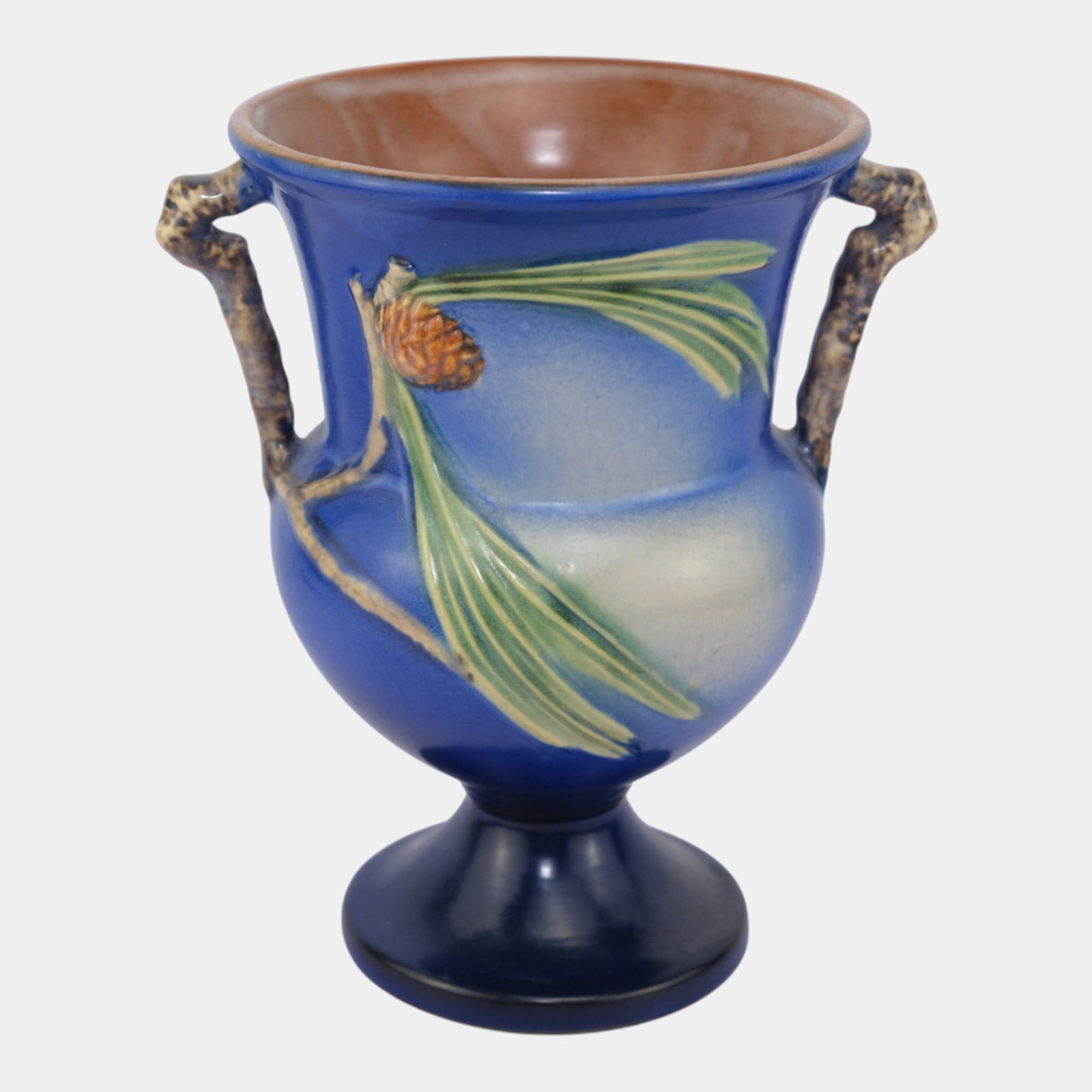 Roseville Pine Cone Blue 1936 Vintage Art Pottery Ceramic Handled Vase 908-8 (1 of 6)
