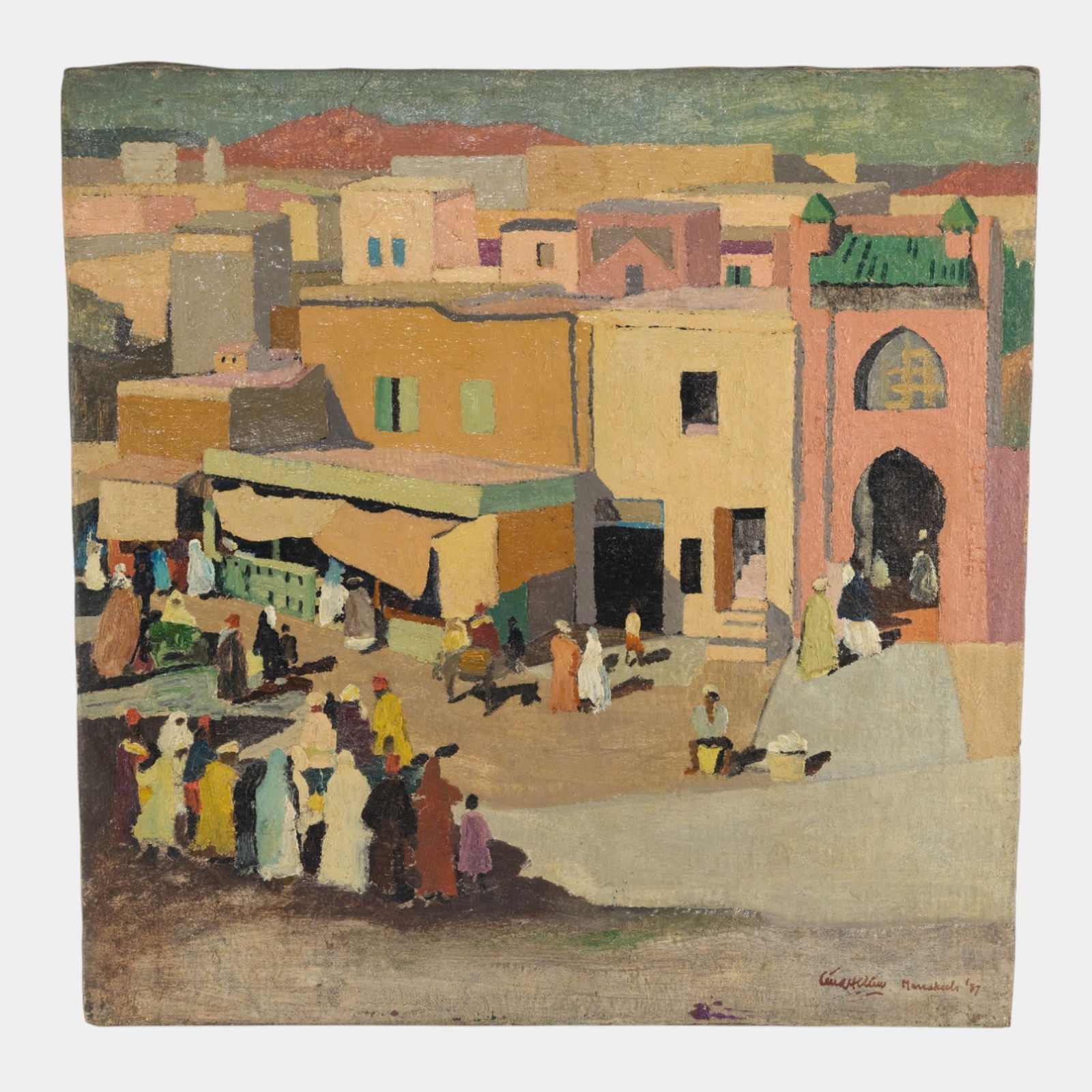 Teng Hiok Chiu (Chinese, 1903-1972) 1937 "Medina, Marrakech, Morocco" Oil On Canvas Painting: We offer affordable in-house shipping on all items. Teng Hiok Chiu (Chinese, 1903-1972) 1937 "Medina, Marrakech, Morocco" Oil On Canvas Painting Painted in 1937, Medina, Marrakech, Morocco exemplifie