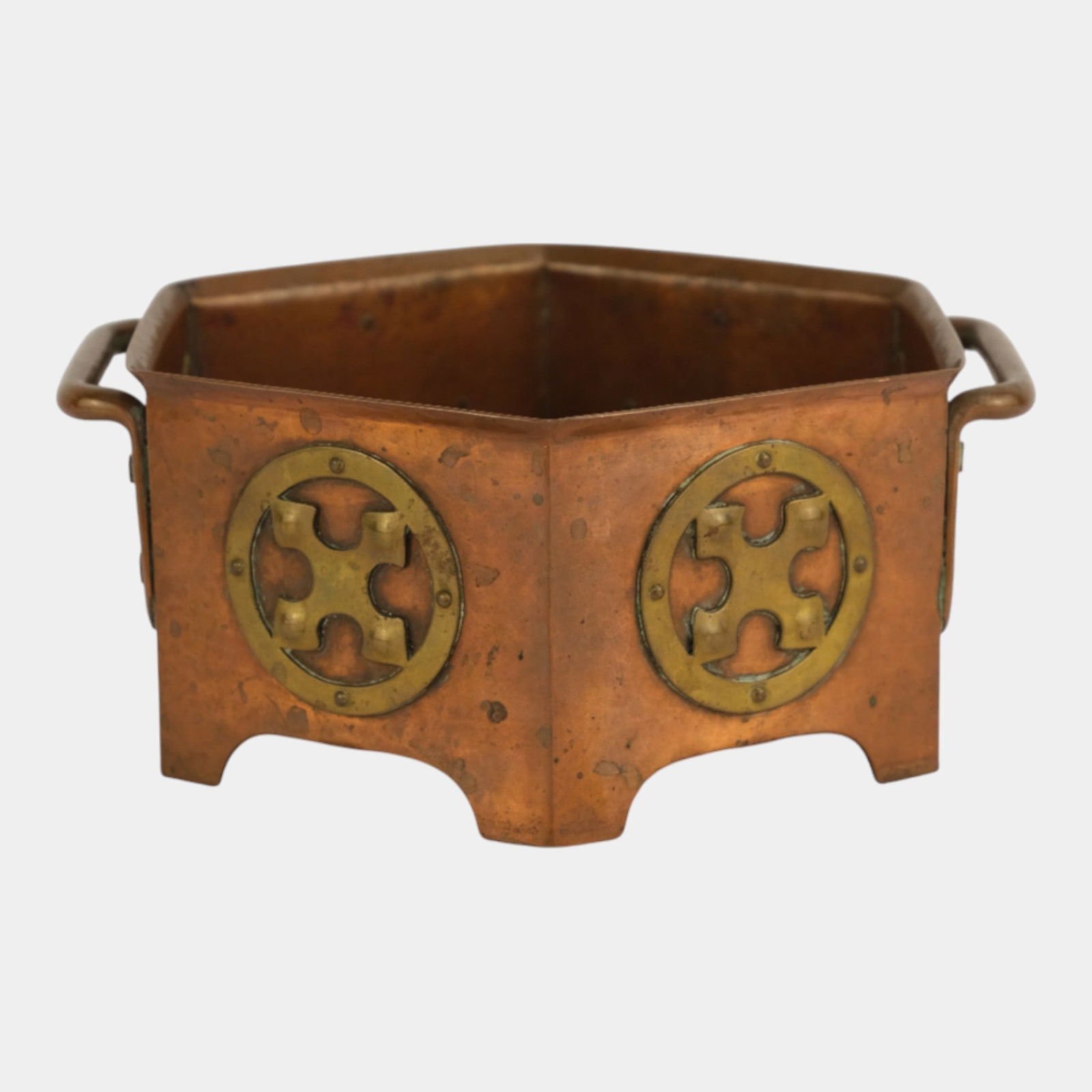 Adolphe C. Kunkler Arts And Crafts Copper Jardiniere With Brass Medallions (1 of 3)