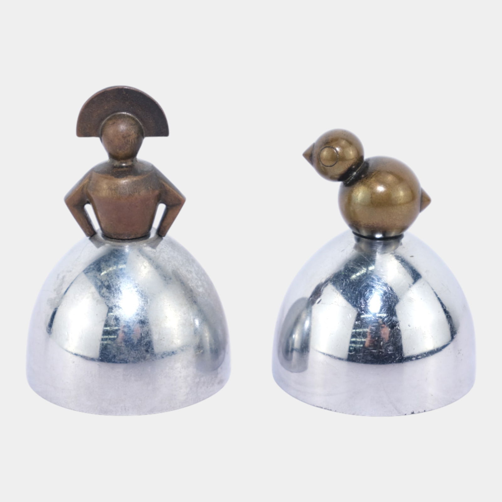Walter Von Nessen For Chase 1930s Art Deco Chrome & Copper Figural Dinner Bells: We offer affordable in-house shipping on all items. Walter Von Nessen For Chase 1930s Art Deco Chrome & Copper Figural Dinner Bells Playfully sculptural and distinctly modern, these Art Deco dinner b