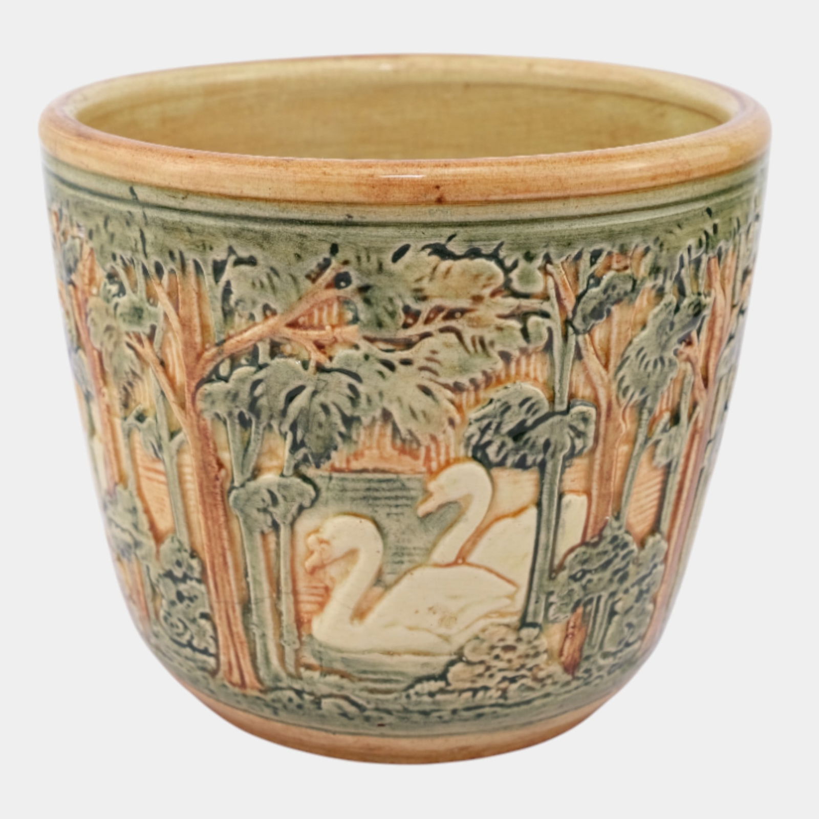 Weller Knifewood Selma 1910s Art Pottery Green Brown Swan Ceramic Jardiniere Planter: We offer affordable in-house shipping on all items. Weller Knifewood Selma 1910s Art Pottery Green Brown Swan Ceramic Jardiniere Planter Richly narrative and finely detailed, this Arts & Crafts Welle