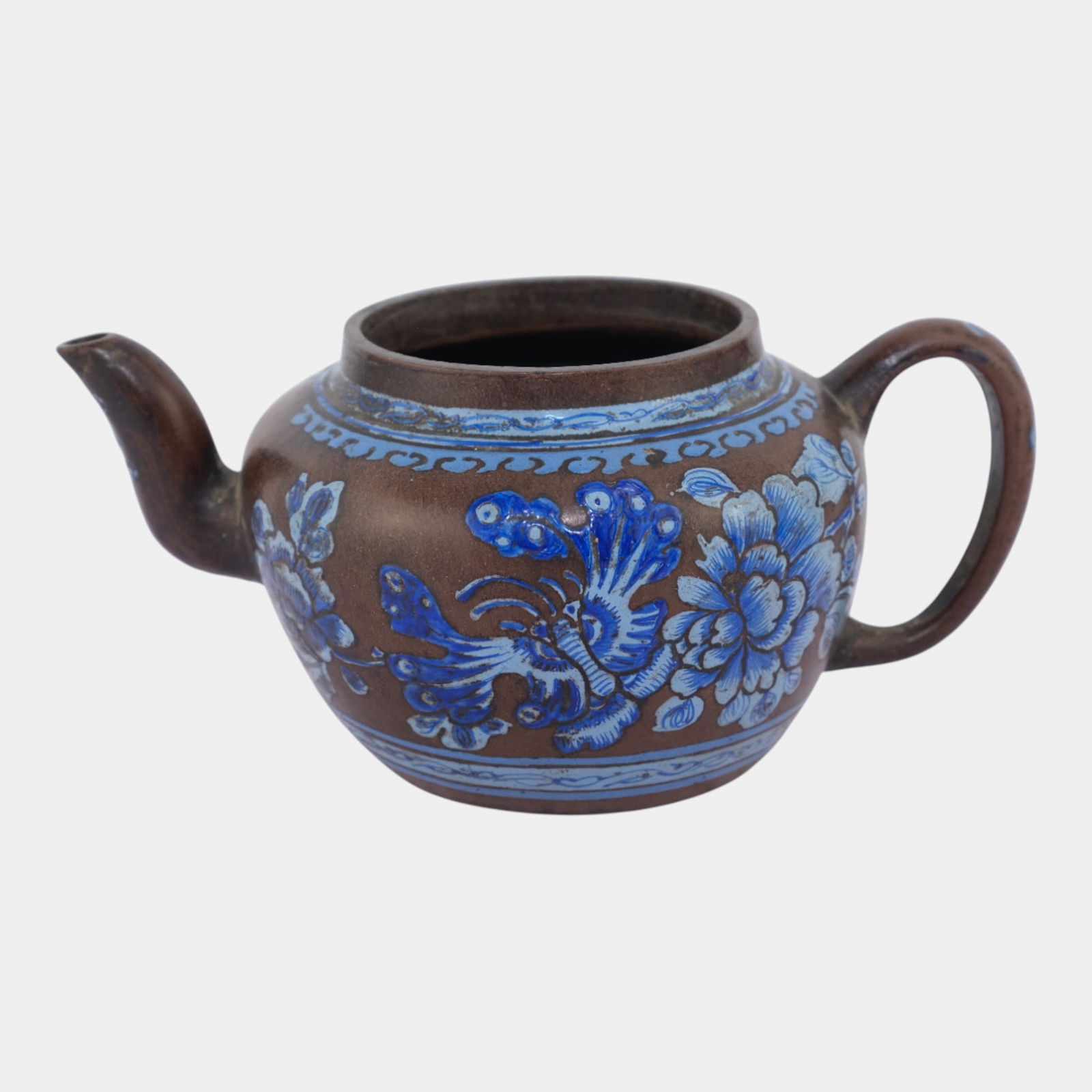 19th Century Qing Period Yixing Blue Enameled Floral Butterfly Brownware Teapot (1 of 6)