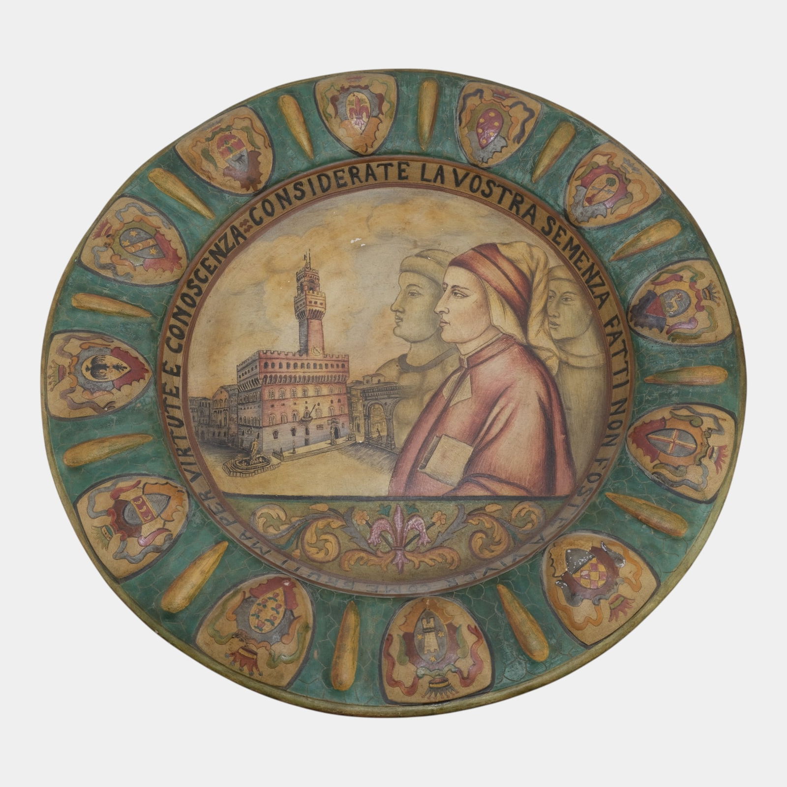 Montopoli d'Arno Italian Renaissance Revival Large 21" Portrait Motto Wall Charger: We offer affordable in-house shipping on all items. Montopoli d'Arno Italian Renaissance Revival Large 21" Portrait Motto Wall Charger Impressively decorative and richly historicizing, this large Ren