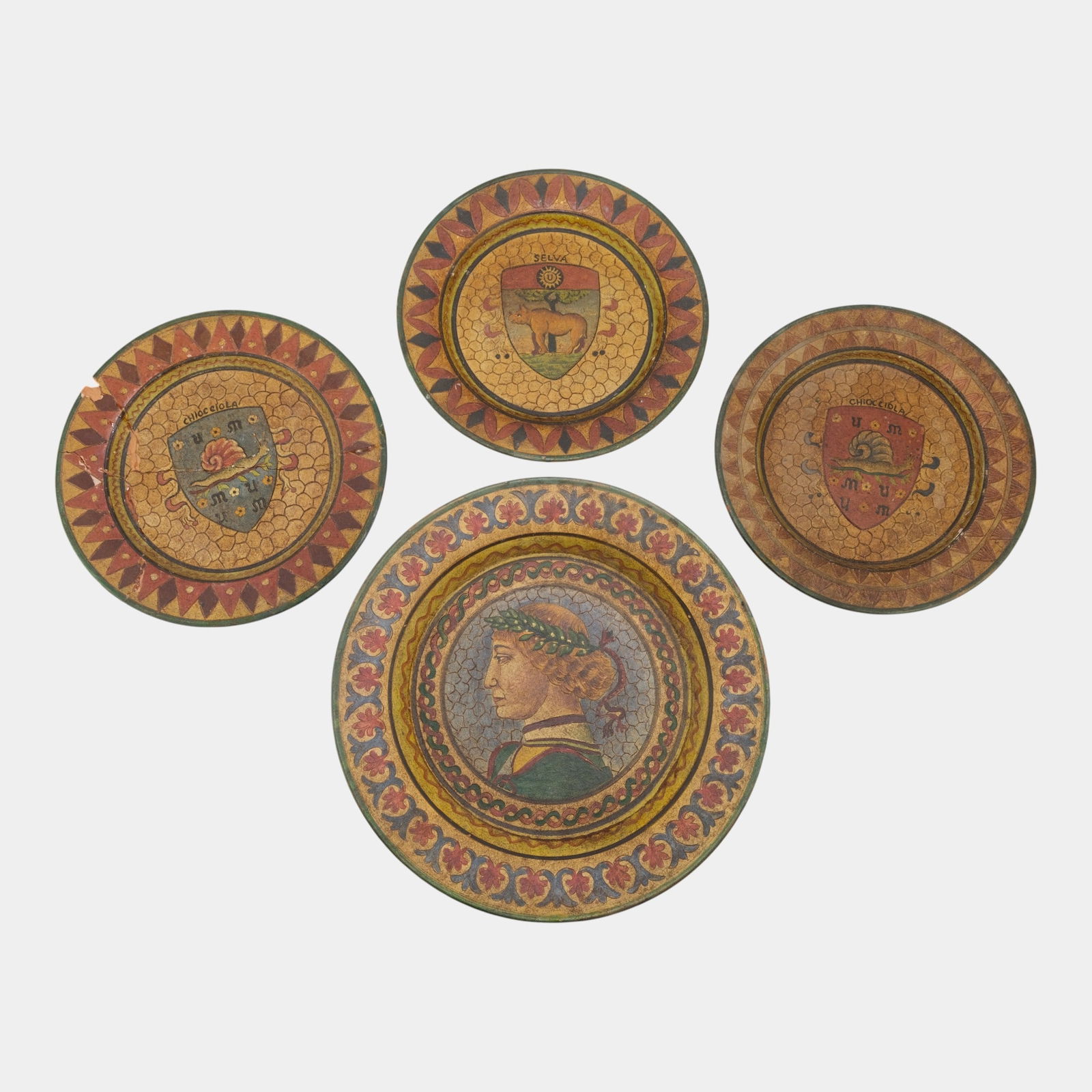 Montopoli d'Arno Italian Renaissance Revival Art Pottery Assorted Wall Hanging Plates: We offer affordable in-house shipping on all items. Montopoli d'Arno Italian Renaissance Revival Art Pottery Assorted Wall Hanging Plates Richly historicizing and finely detailed, this Renaissance Re