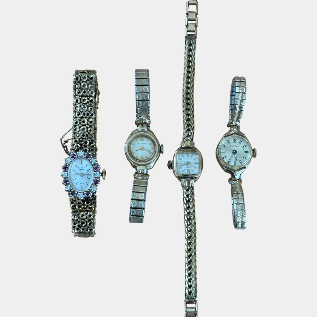 Bulova, Komos Swiss, & Meyers VIP Rolled Gold & Gold Filled Mid Century Ladies Wristwatches: We offer affordable in-house shipping on all items. Attractively varied and stylish, this Mid-Century Modern group of ladies wristwatches by Bulova, Komos Swiss, and Meyers VIP features rolled gold a
