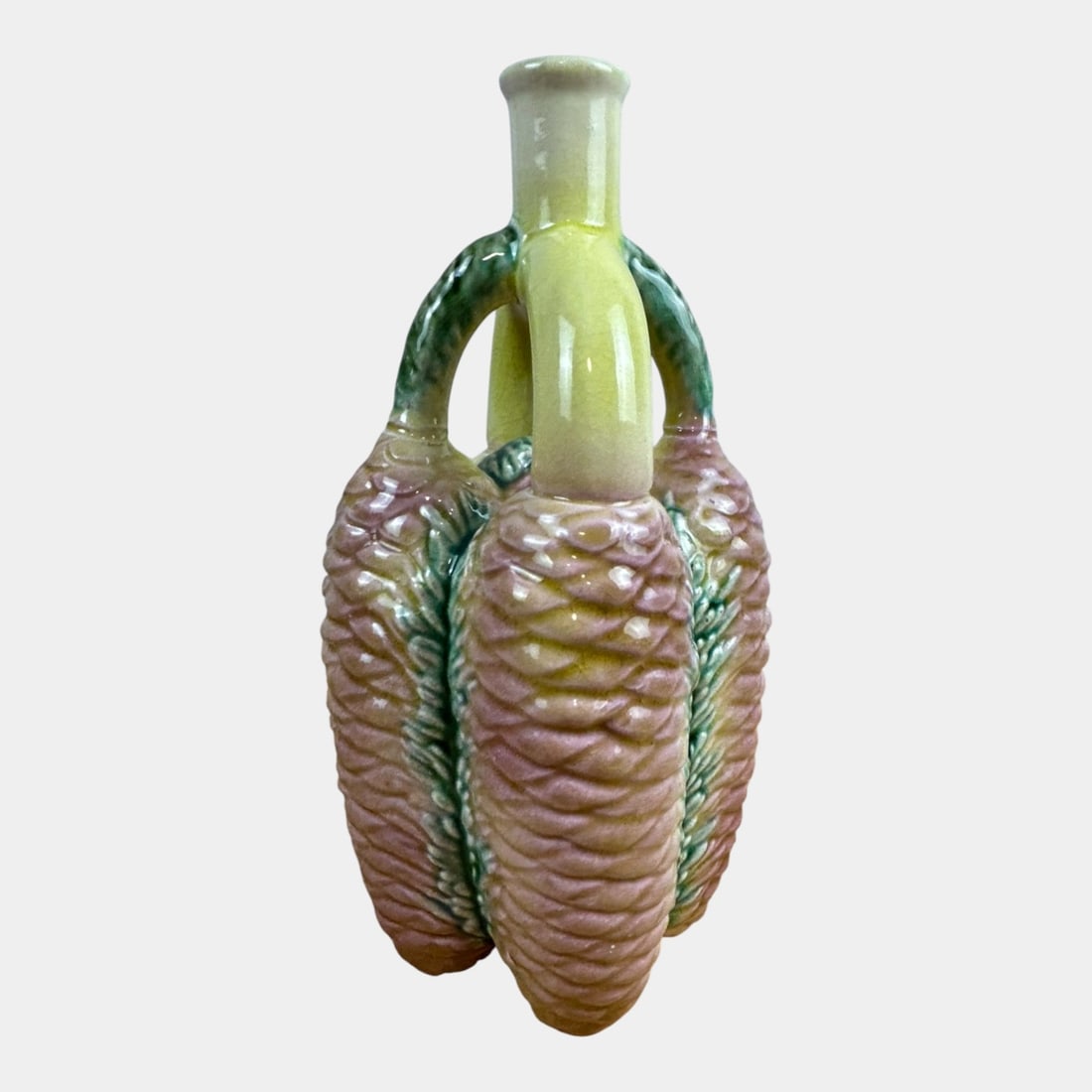European Late 19th Century Green Brown Majolica Pine Cone Bottle Jug 3487: We offer affordable in-house shipping on all items. European Late 19th Century Green Brown Majolica Pine Cone Bottle Jug 3487 Modeled as clustered pine cones rising vertically, this figural bottle sh