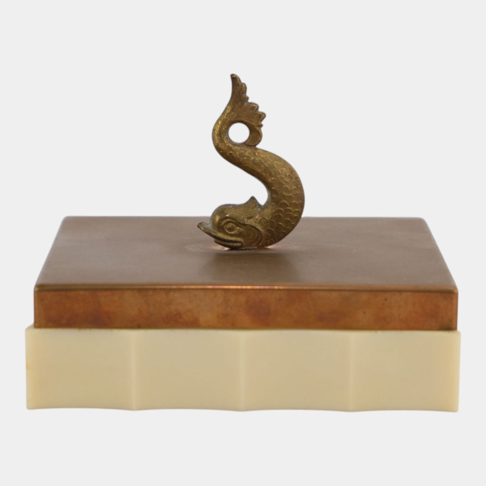 Art Deco 1930s Brass, Copper, And Bakelite Fish Finial Rectangular Lidded Box: We offer affordable in-house shipping on all items. Art Deco 1930s Brass, Copper, And Bakelite Fish Finial Rectangular Lidded Box Elegantly whimsical and distinctly modern, this Art Deco decorative b