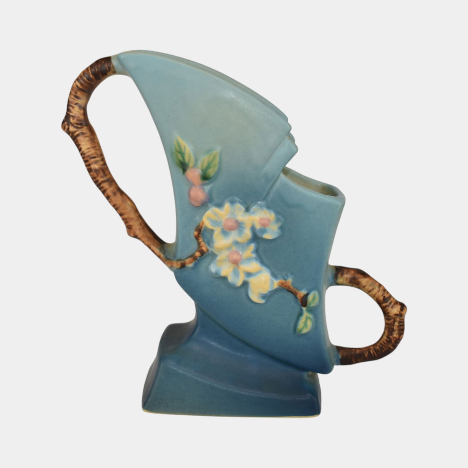 Roseville Apple Blossom Blue 1949 Mid Century Modern Pottery Ceramic Vase 373-7: Professional, fast, and affordable in house shipping available for all items. Roseville Apple Blossom Blue 1949 Mid Century Modern Pottery Ceramic Vase 373-7 Nice handled vase with nice mold and colo