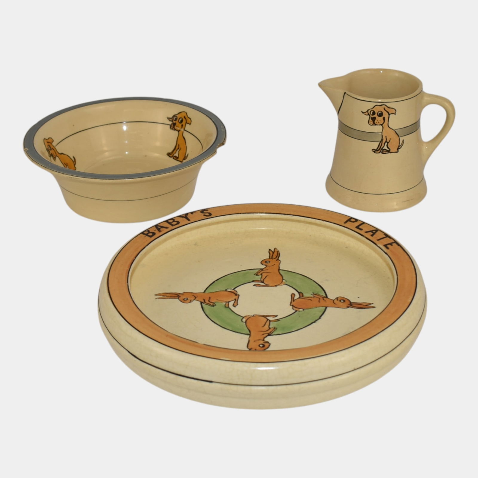 Roseville Juvenile Creamware 1910 Pottery Dog Rabbit Plate Bowl Creamer: Professional, fast, and affordable in house shipping available for all items. Roseville Juvenile Creamware 1910 Pottery Dog Rabbit Plate Bowl Creamer Nice design and color. Chips to body as shown. Pi