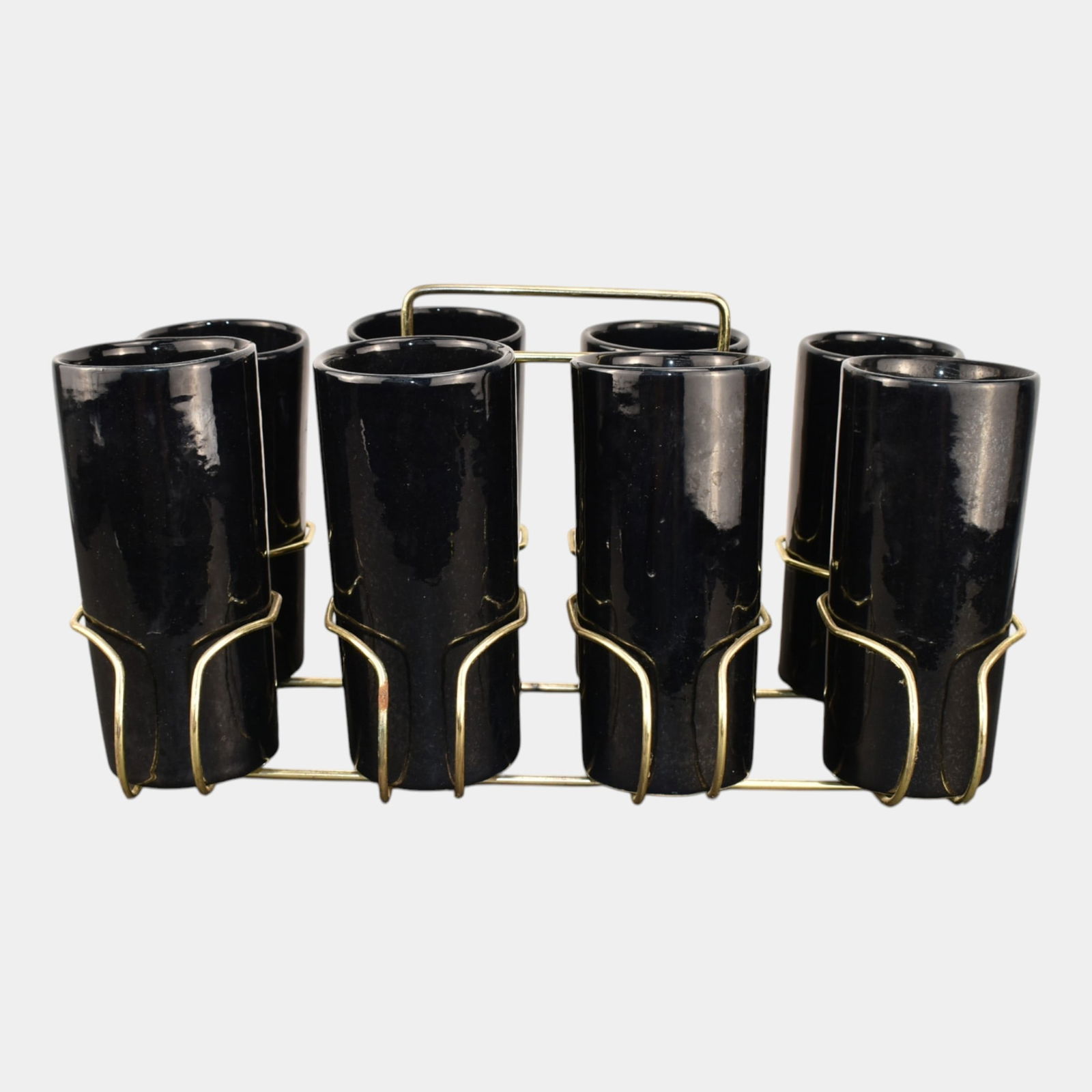 Van Briggle Vintage Art Pottery Black Ceramic Mugs Metal Carrier (1 of 7)