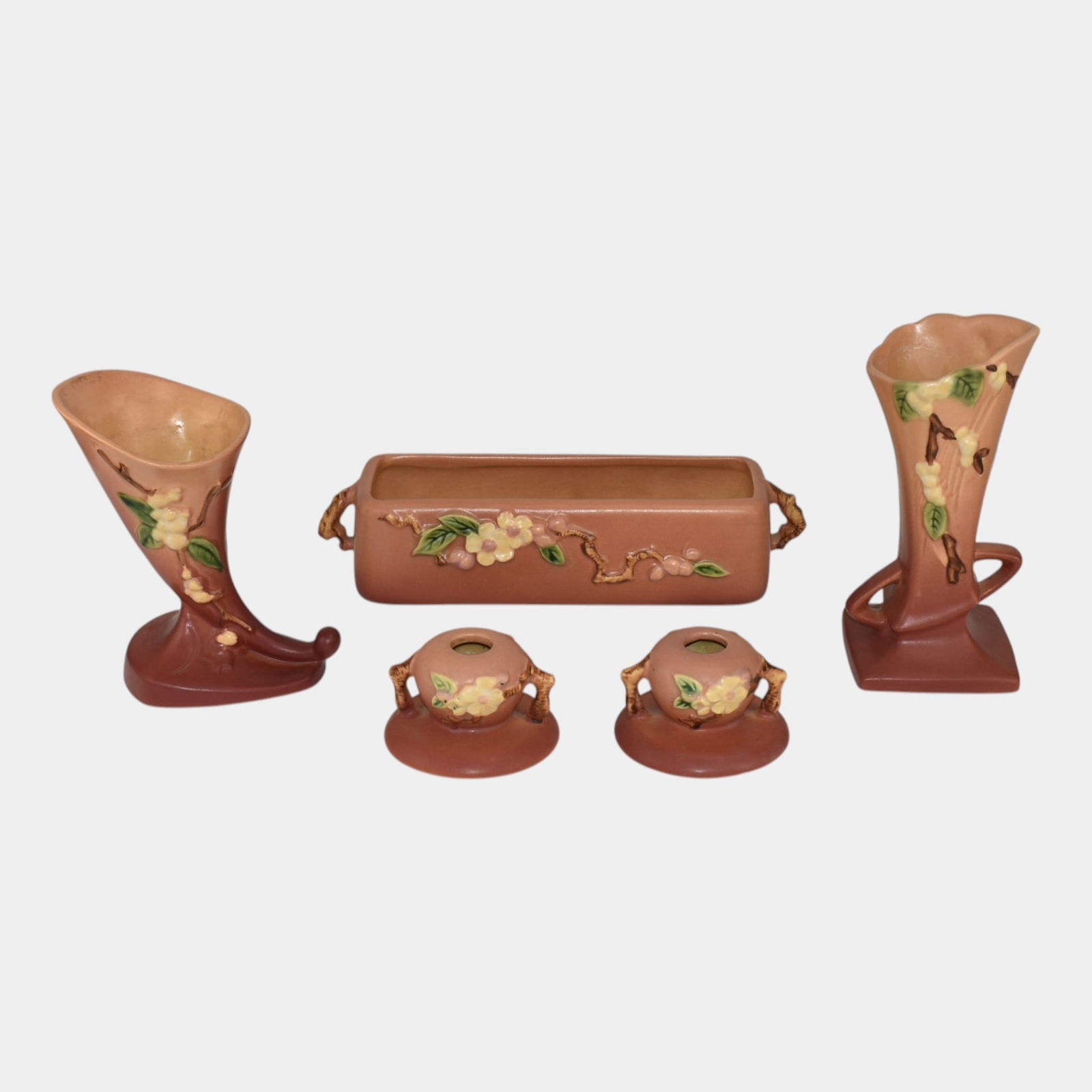 Roseville Snowberry Apple Blossom Pink Vintage Candle Holders Planter Vases: Professional, fast, and affordable in house shipping available for all items. Roseville Snowberry Apple Blossom Pink Vintage Candle Holders Planter Vases Excellent condition. No damage or repair of a