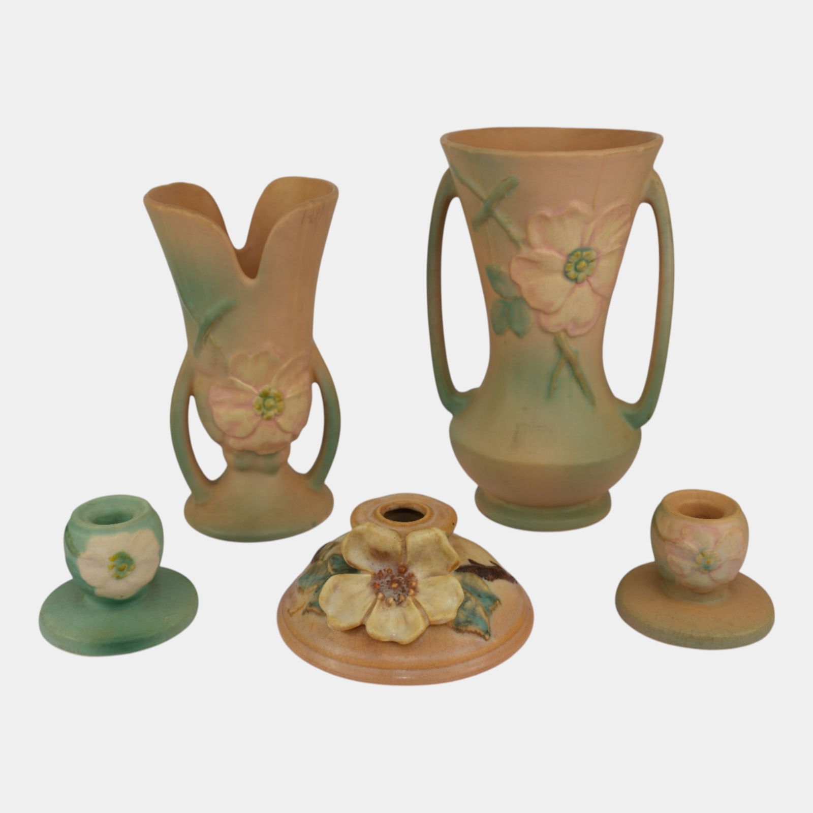 Weller Rosemont Wild Rose 1930s Pottery Vases And Candle Holders (1 of 8)