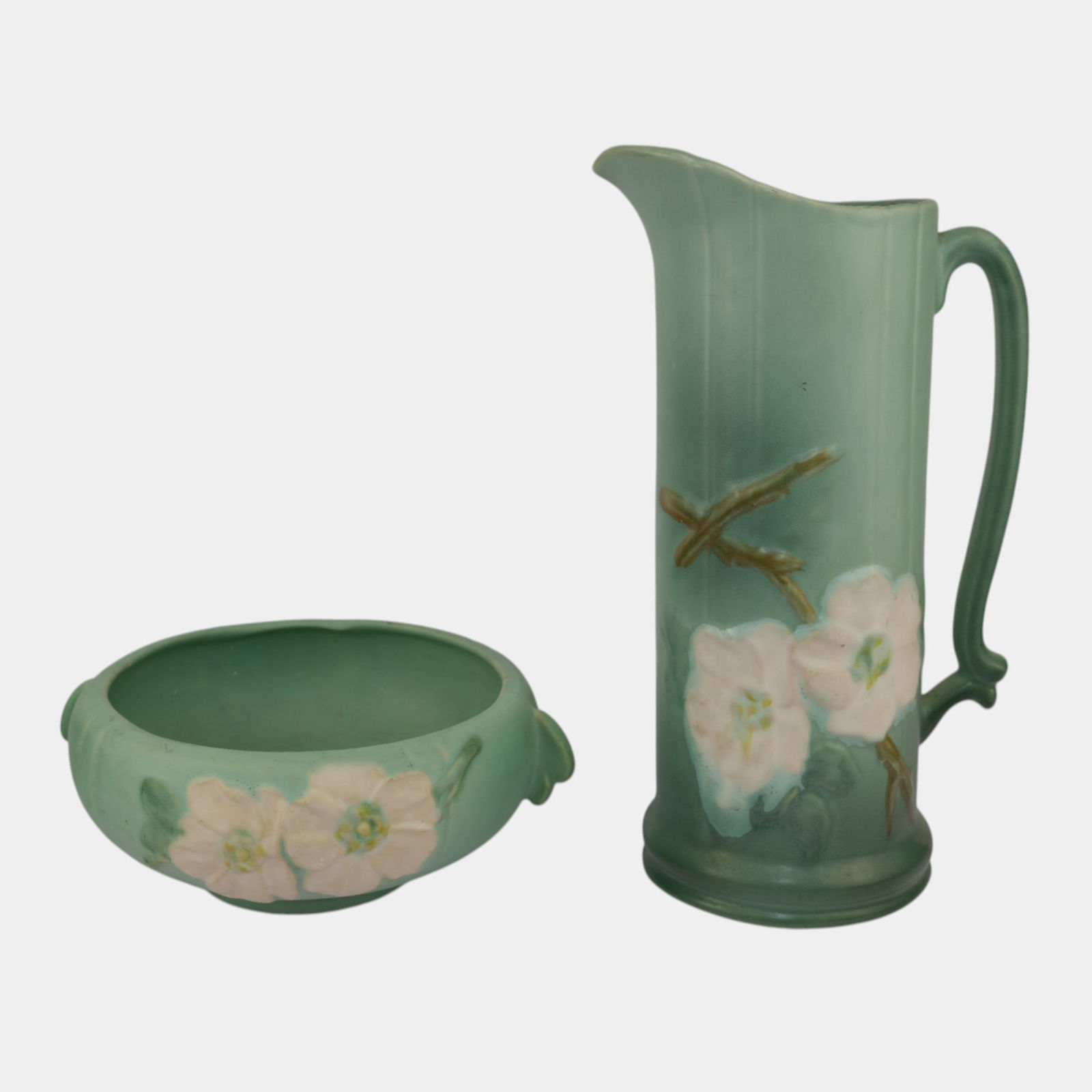 Weller Wild Rose Vintage Art Pottery Color Ceramic Pitcher And Bowl: Professional, fast, and affordable in house shipping available for all items. Weller Wild Rose Vintage Art Pottery Color Ceramic Pitcher And Bowl Good mold and color. Excellent condition. Pitcher sho