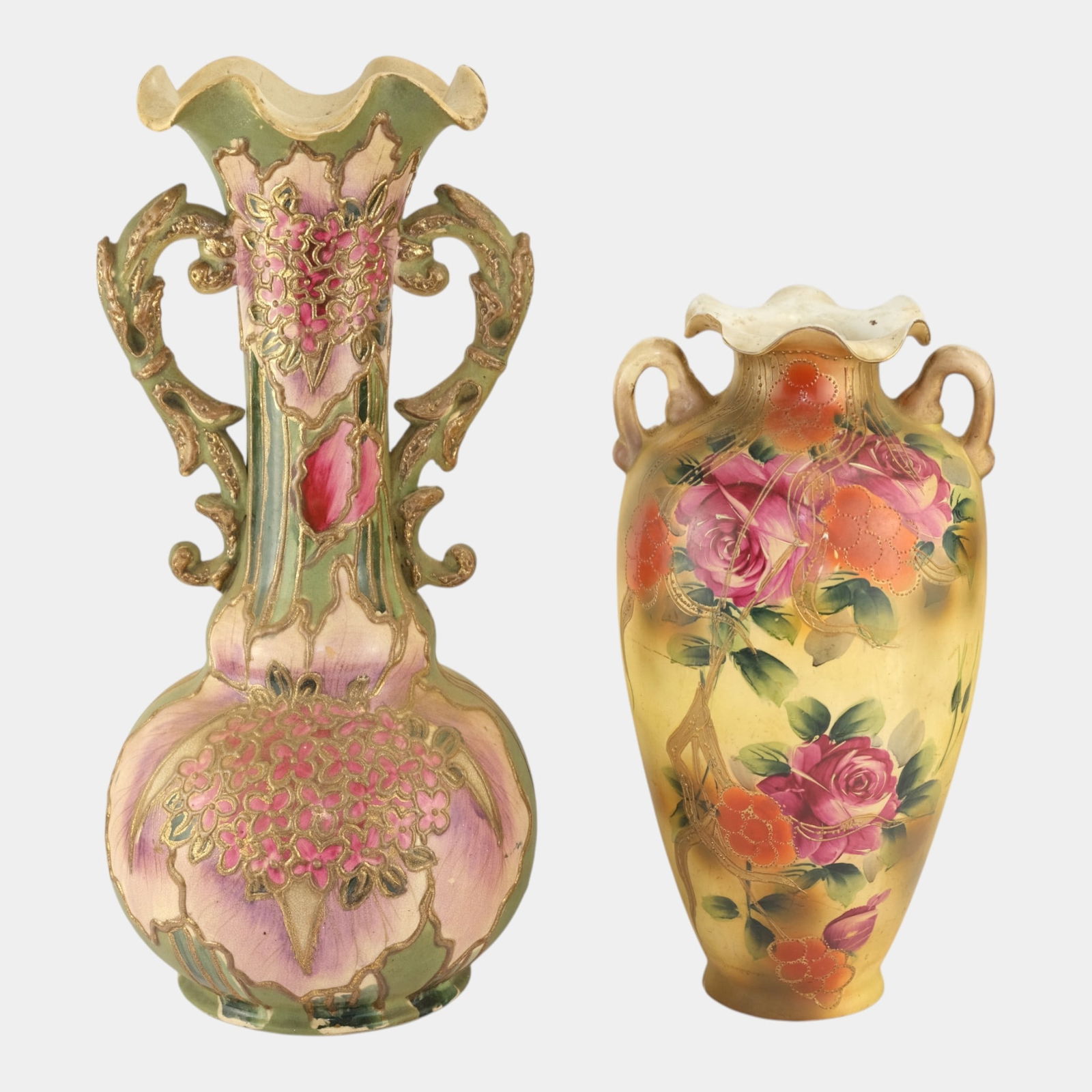 Japanese Early 20th Century Hand Painted Floral Moriage Handled Vases (1 of 3)