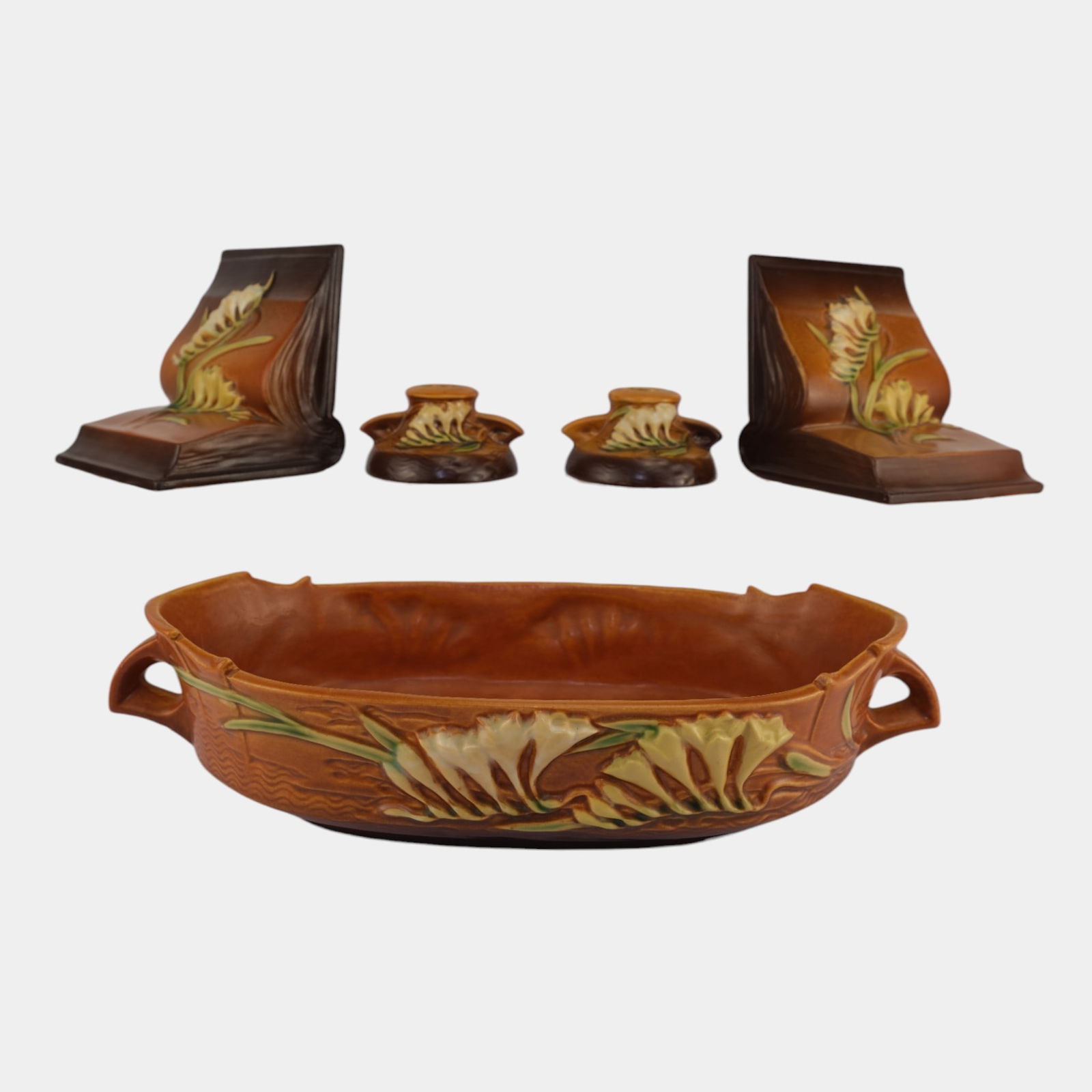 Roseville Freesia Lot Of Five Pottery Bowl Bookend Candle Holder (1 of 4)
