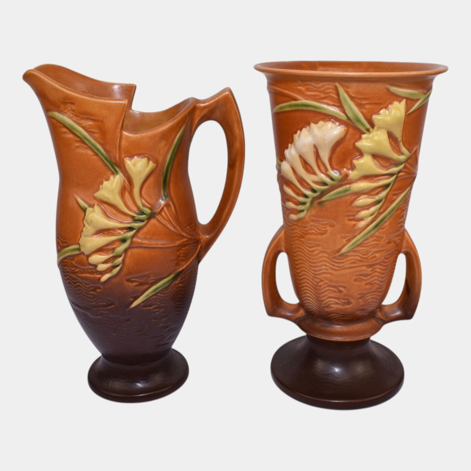 Roseville Freesia Lot Of Two Vintage Art Pottery Ceramic Vase And Pitcher (1 of 3)