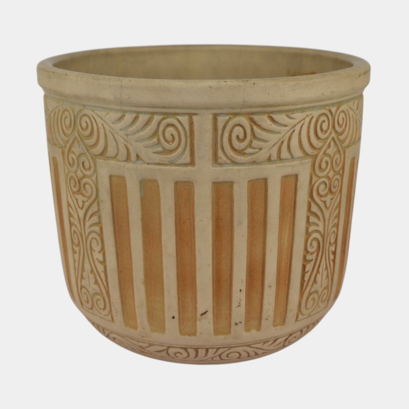 Weller Clinton Ivory Vintage Art Pottery Large Jardiniere Planter: Professional, fast, and affordable in house shipping available for all items. Weller Clinton Ivory Vintage Art Pottery Large Jardiniere Planter Excellent condition. Shows well with tight hairlines to