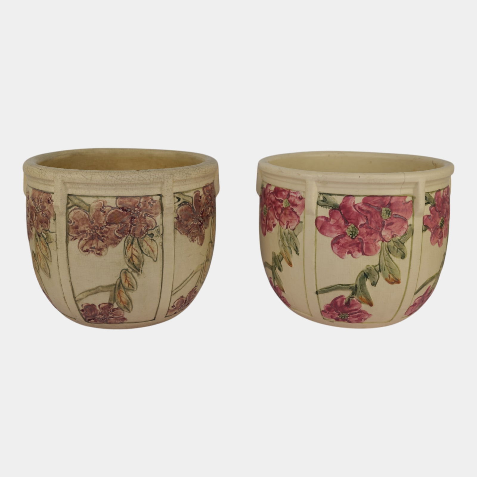 Weller Roma Pottery Pair of Large Ceramic Jardiniere Planters: Professional, fast, and affordable in house shipping available for all items. Weller Roma Pottery Pair of Large Ceramic Jardiniere Planters Good mold and color. Excellent condition. One planter has t