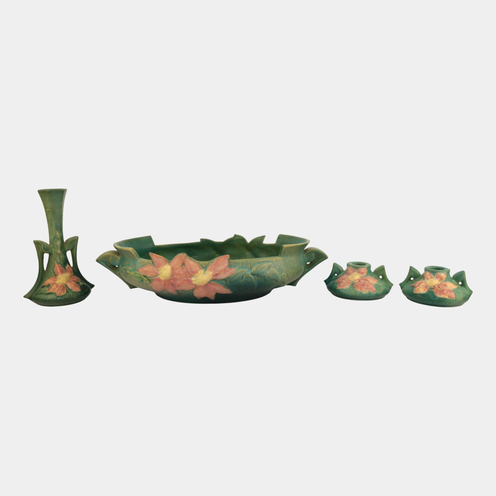 Roseville Green Clematis Vase Candle Holders Bowl: Professional, fast, and affordable in house shipping available for all items. Roseville Green Clematis Vase Candle Holders Bowl Excellent condition. Age related wear. Bottom marked as shown. Tallest