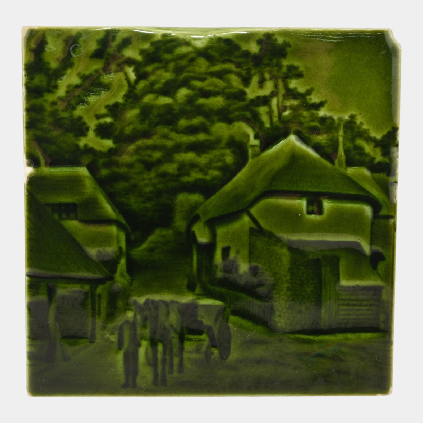 Corn Bros 1900s England Art Pottery Deep Green Majolica Village Scenic Tile: Professional, fast, and affordable in house shipping available for all items. Corn Bros 1900s England Art Pottery Deep Green Majolica Village Scenic Tile Deeply atmospheric and richly molded, this Co