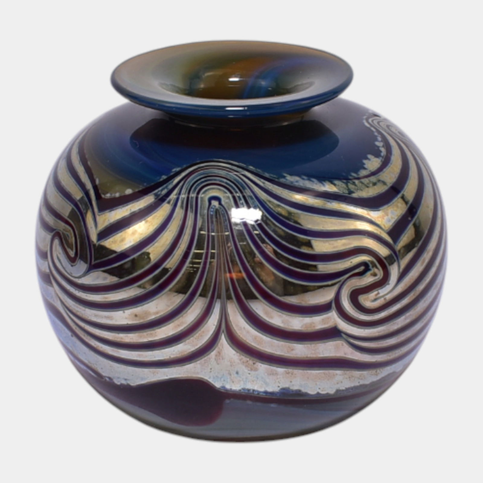 Studio Art Glass Iridescent Metallic Swirl Art Nouveau Blue Cabinet Vase (1 of 4)