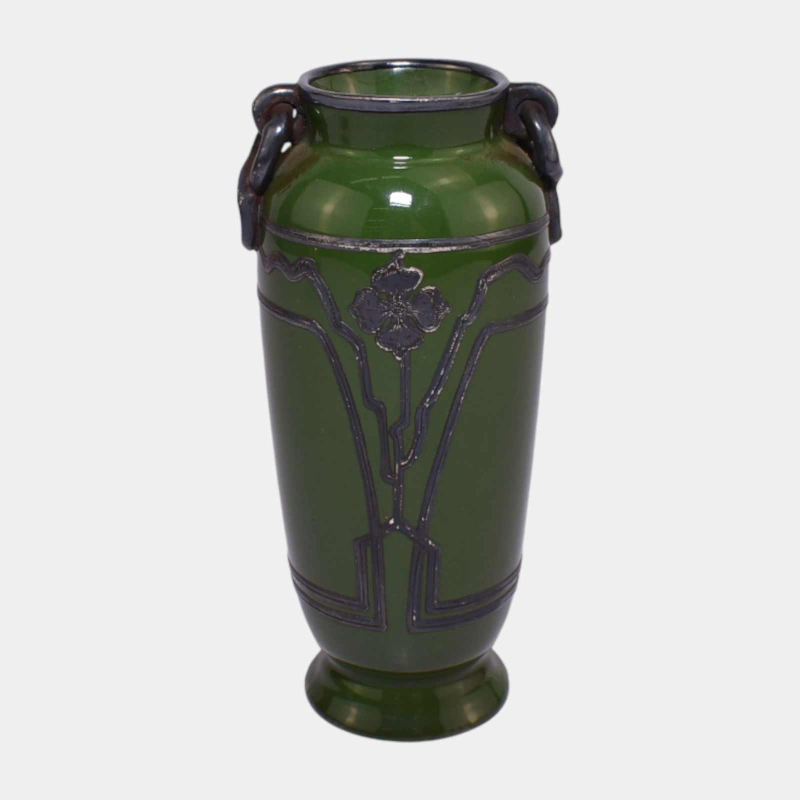 Art Nouveau Green Porcelain Handled Vase With Floral Silver Overlay (1 of 3)