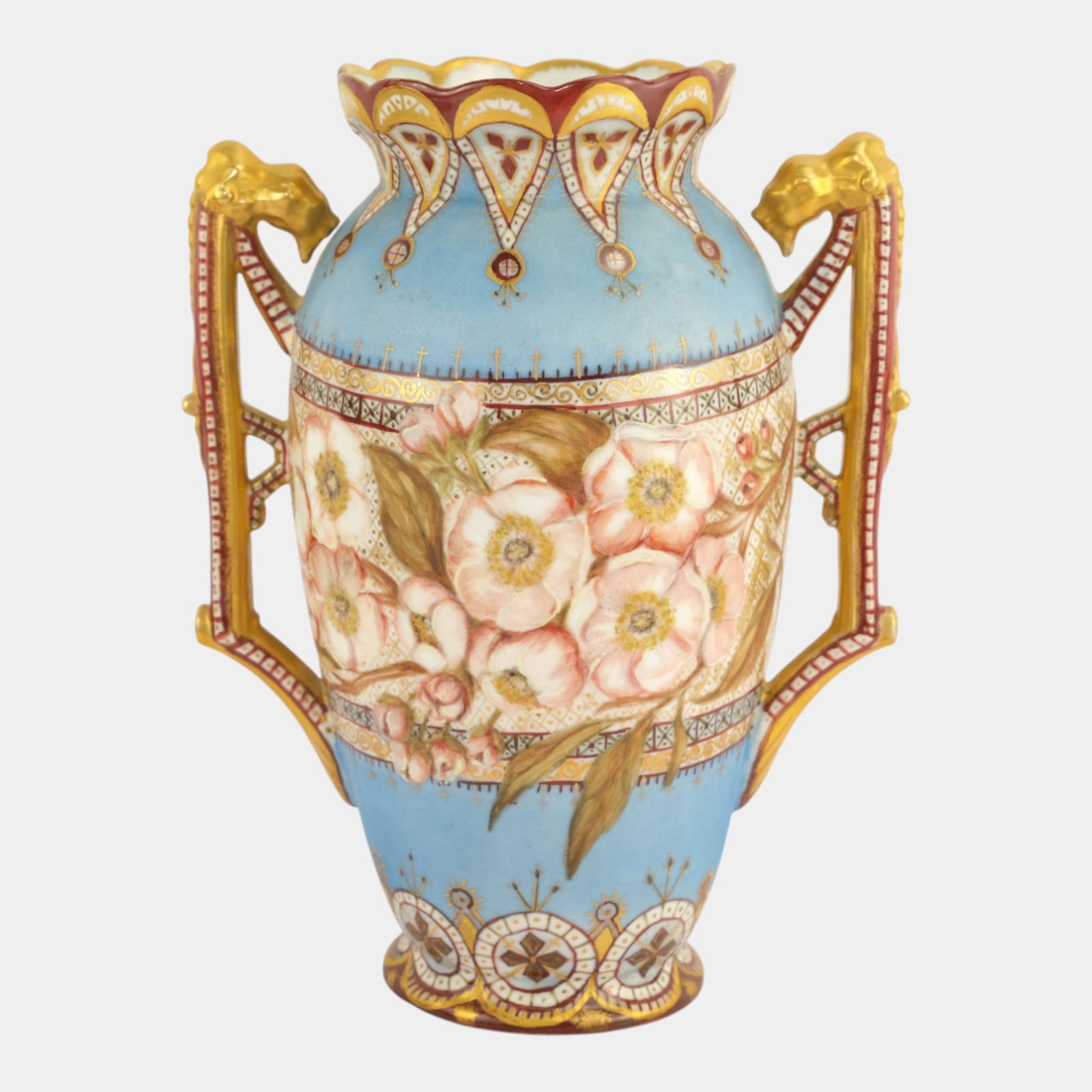 Victorian Art Nouveau Porcelain Gold Gilt Handled Floral Decorated Vase (1 of 3)