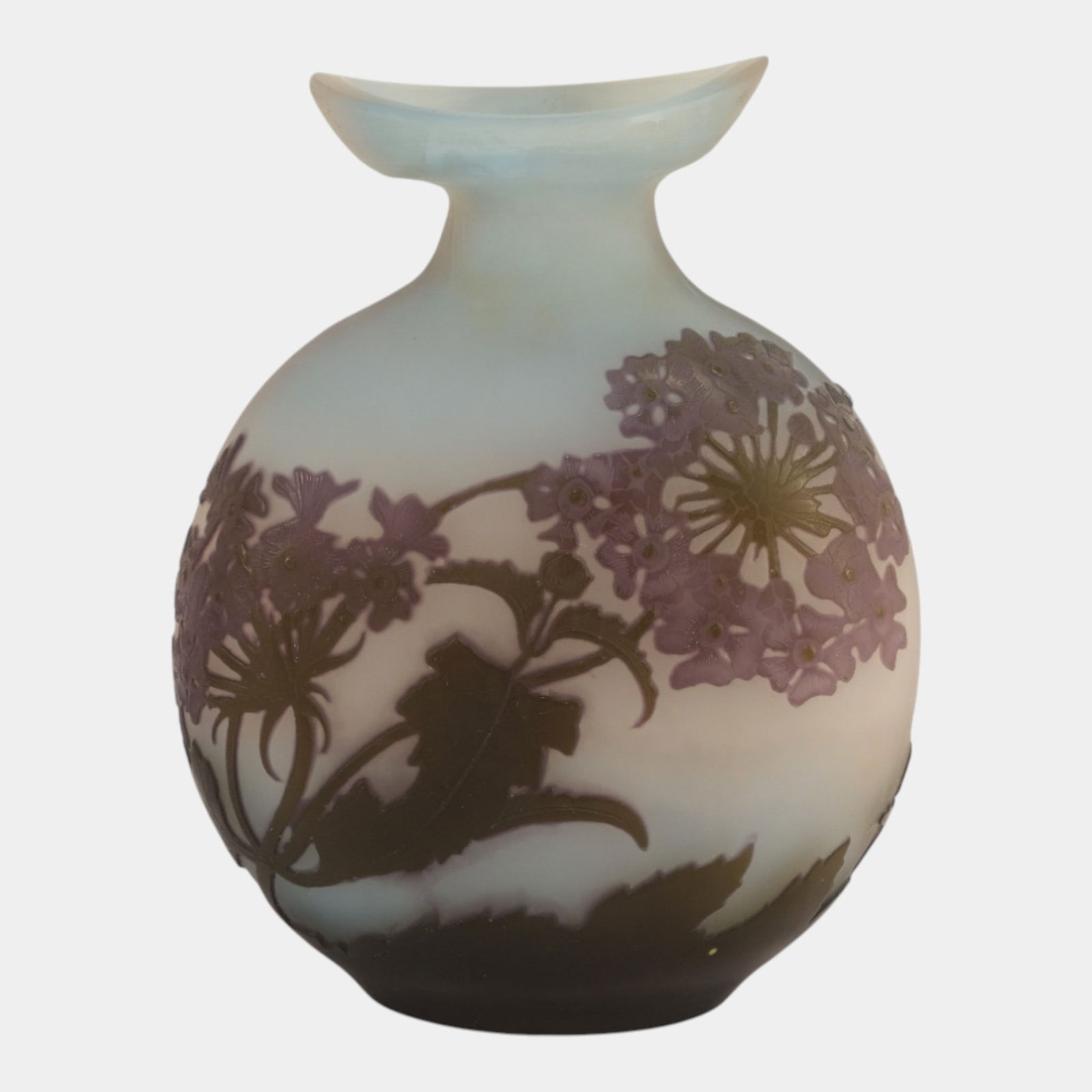 Galle Style Purple Blue Toned Cameo Glass Lilac Flower Bloom Vase: Professional, fast, and affordable in house shipping available for all items. Galle Style Purple Blue Toned Cameo Glass Lilac Flower Bloom Vase Excellent condition. Age related wear. Bottom marked as