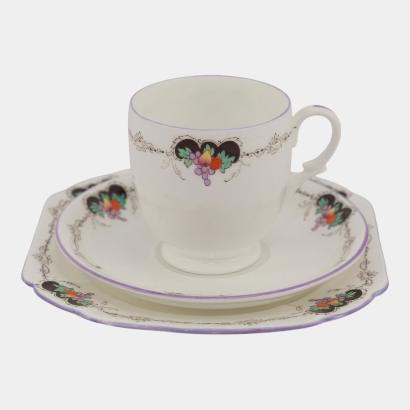 Shelley China England Vintage Bunch Of Fruit Art Deco Cup & Saucer Tea Trio Set: Professional, fast, and affordable in house shipping available for all items. Shelley China England Vintage Bunch Of Fruit Art Deco Cup & Saucer Tea Trio Set Charming and delicately detailed, this Sh
