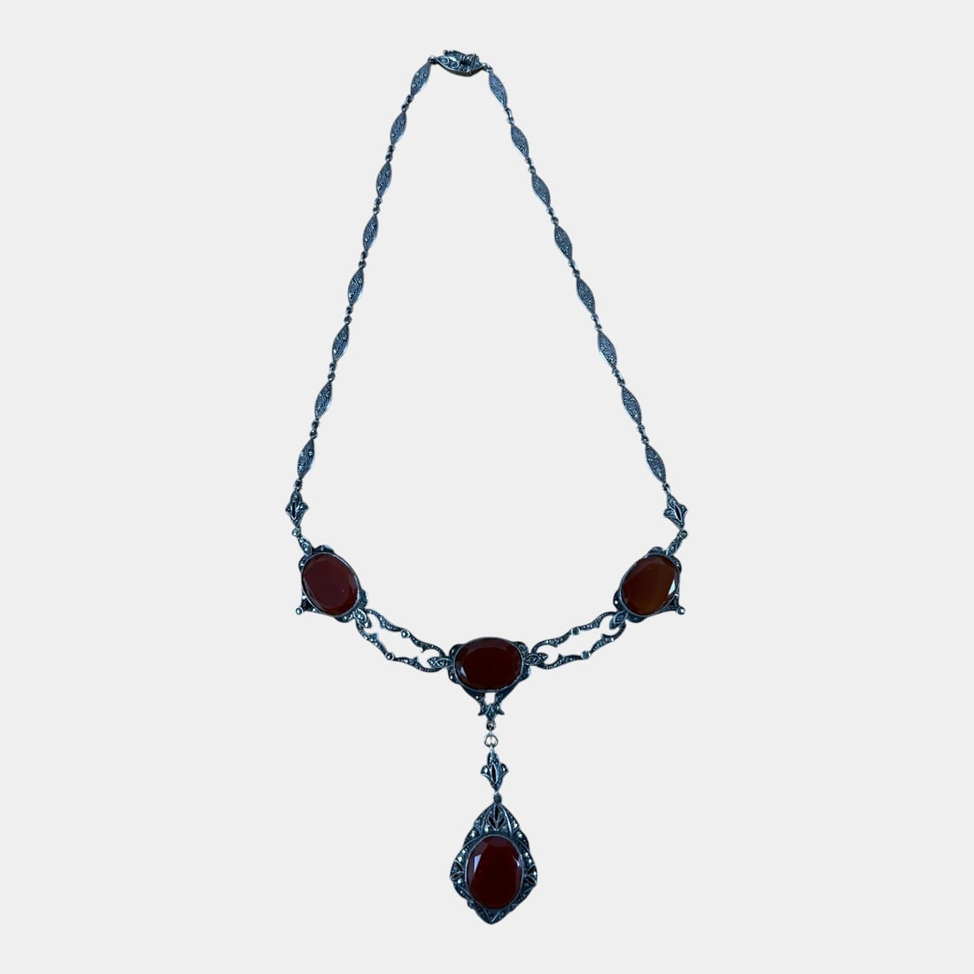 Art Nouveau Sterling Silver Necklace Red Carnelian Stones With Rhinestones Detailing: Professional, fast, and affordable in house shipping available for all items. Gracefully flowing and richly detailed, this Art Nouveau necklace features deep carnelian cabochons framed in ornate open