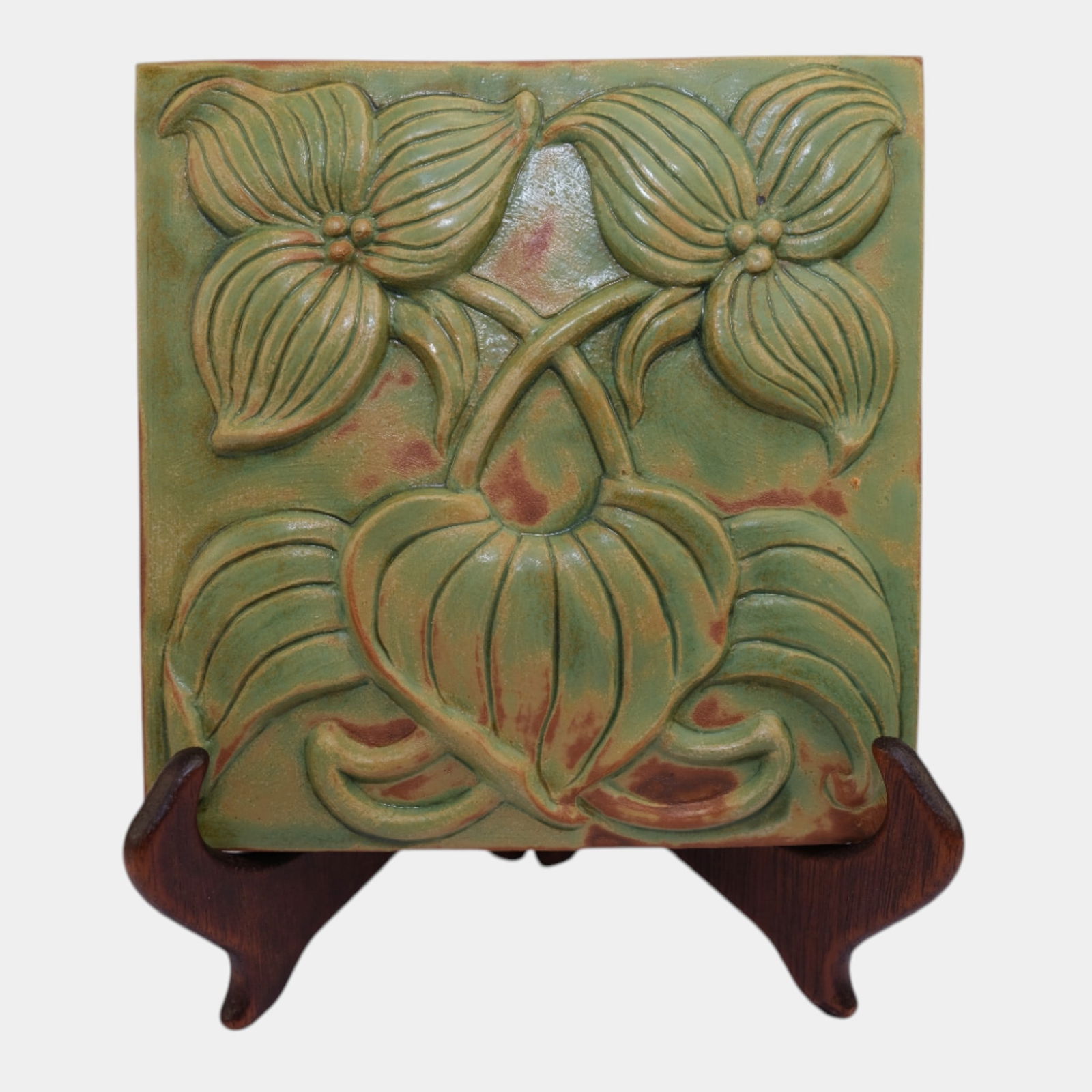 Roycroft Pottery Aurora NY Vintage Studio Art Pottery Green Brown Floral Tile (1 of 6)