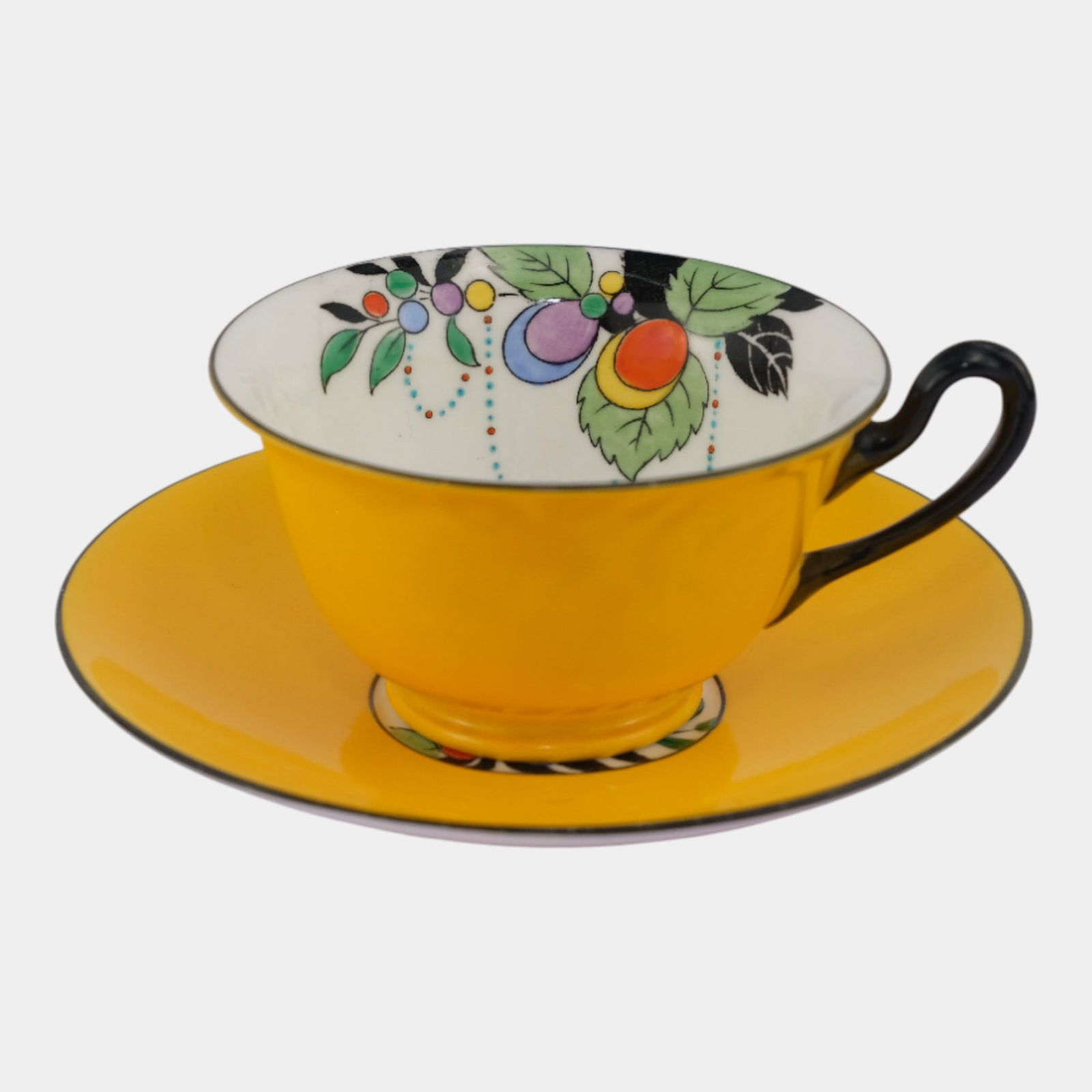 Shelley 1930s English Art Deco Bone China Yellow Stylized Fruit Teacup & Saucer: Professional, fast, and affordable in house shipping available for all items. Shelley 1930s English Art Deco Bone China Yellow Stylized Fruit Teacup & Saucer Brightly playful and crisply modern, this