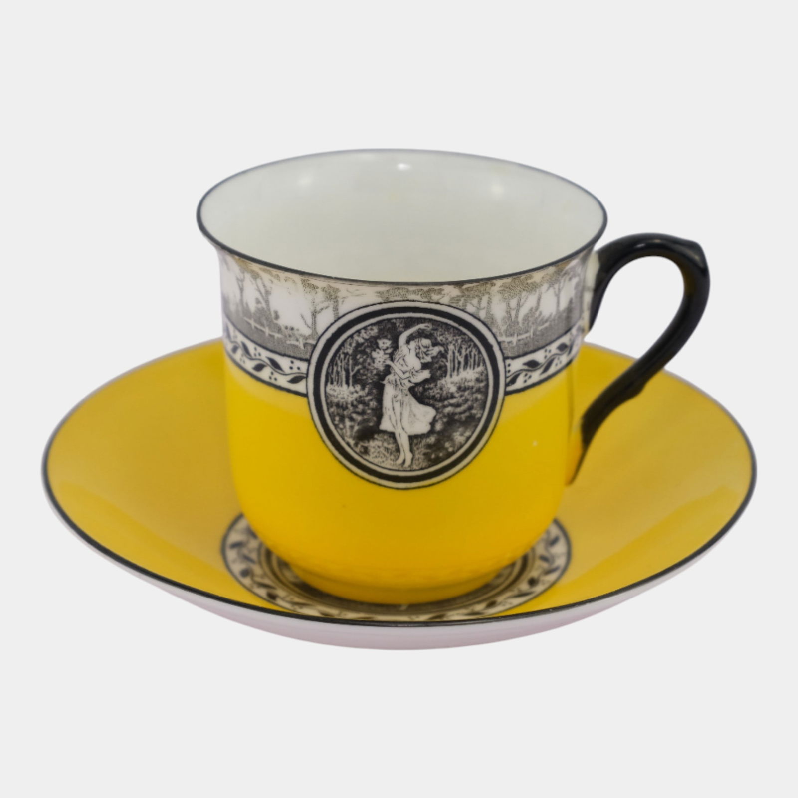 Shelley 1920s English Bone China Yellow Cameo - Dancing Muses Teacup & Saucer: Professional, fast, and affordable in house shipping available for all items. Shelley 1920s English Bone China Yellow Cameo - Dancing Muses Teacup & Saucer Strikingly graphic and crisply elegant, thi
