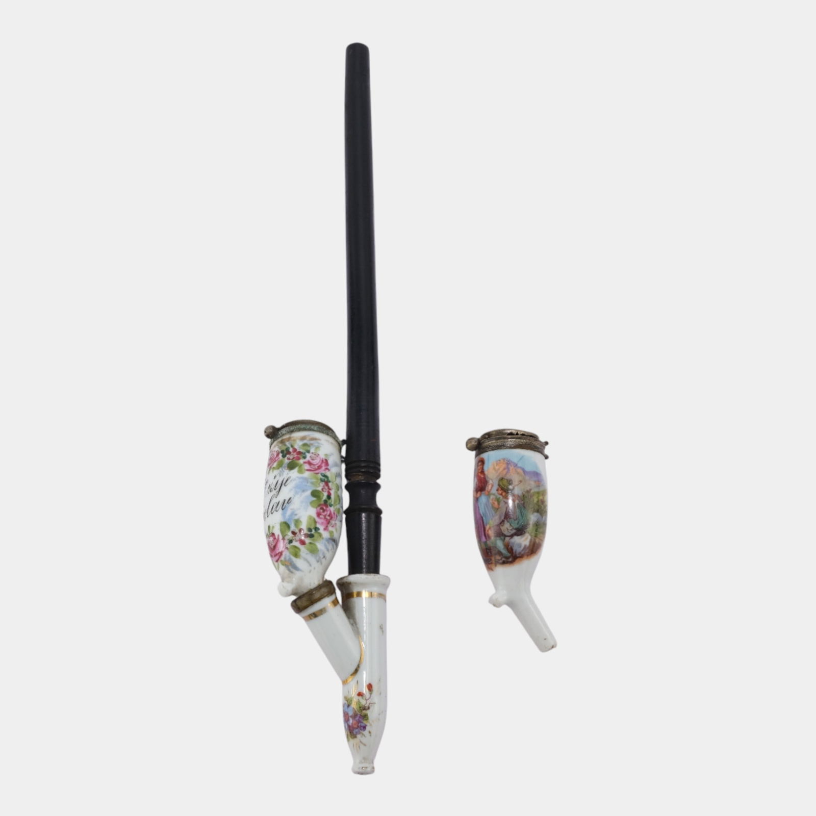 European Hand Painted Porcelain Bowls and Fitting With Long Stem Smoking Pipe (1 of 4)