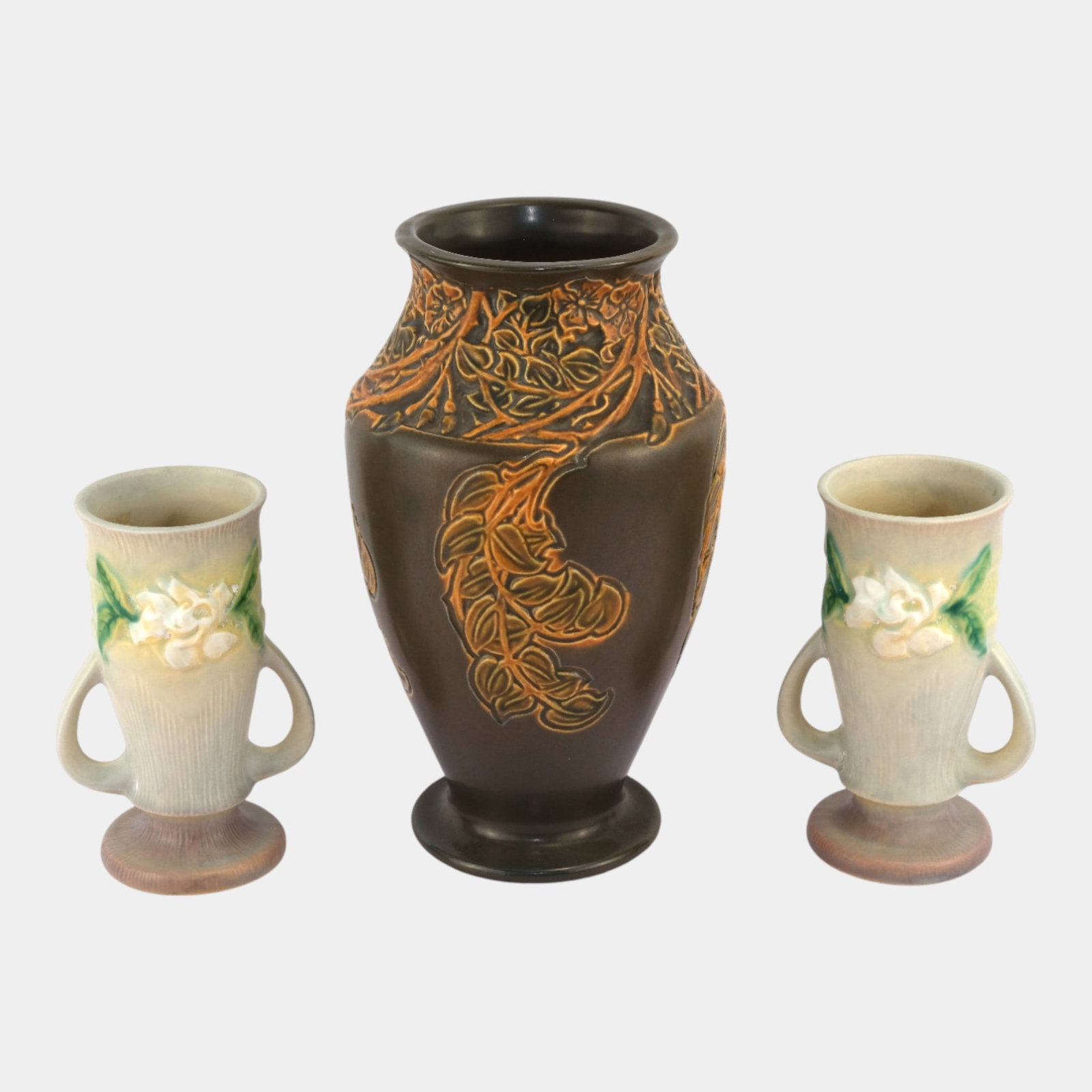 Roseville Gray Gardenia And Brown Orange Rosecraft Art Pottery Ceramic Vases: Professional, fast, and affordable in house shipping available for all items. Roseville Gray Gardenia And Brown Orange Rosecraft Art Pottery Ceramic Vases Gardenia's are in excellent condition. Large