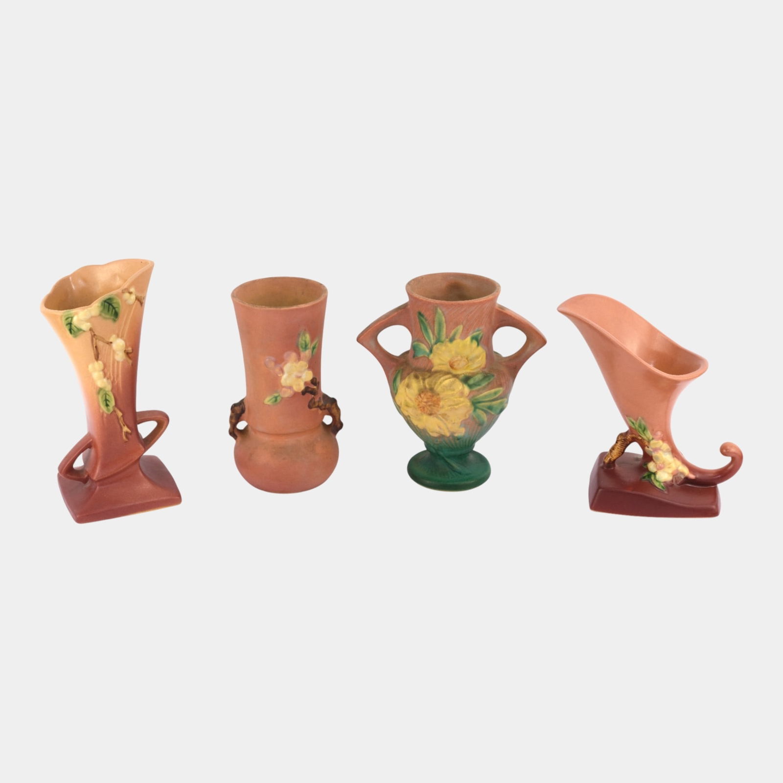 Roseville Pink Apple Blossom, Peony, Snowberry Art Pottery Vases Cornucopia (1 of 4)
