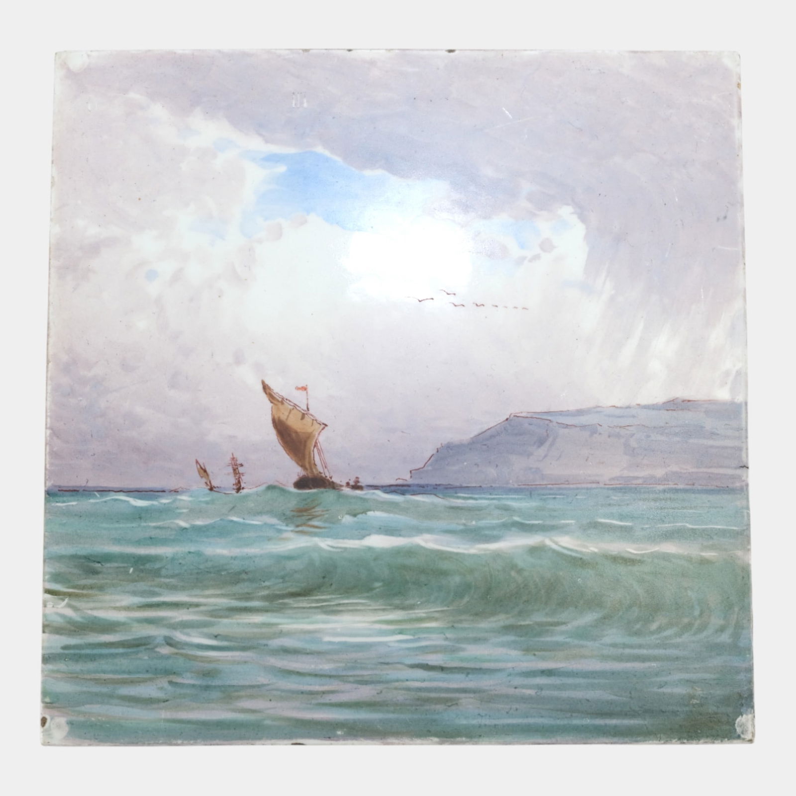 Minton Hollins Stoke On Trent Art Pottery Hand Painted Seascape Sailboat Tile (1 of 3)