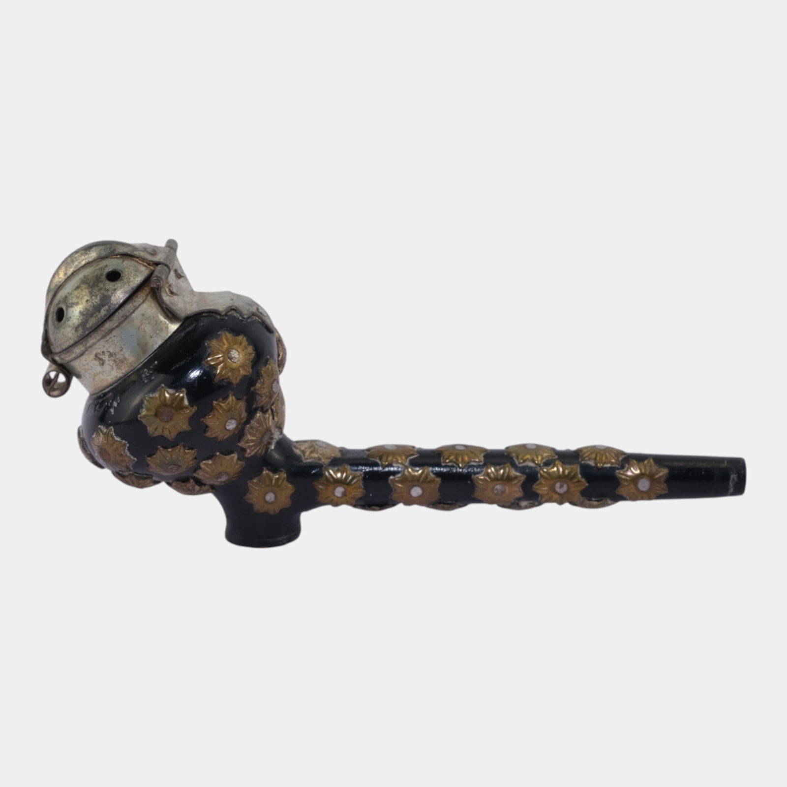 Early 20th Century Wooden Body Brass Floral Decorated Lidded Bowl Smoking Pipe: Professional, fast, and affordable in house shipping available for all items. Early 20th Century Wooden Body Brass Floral Decorated Lidded Bowl Smoking Pipe Condition as shown. Pipe is 2" tall and 5"