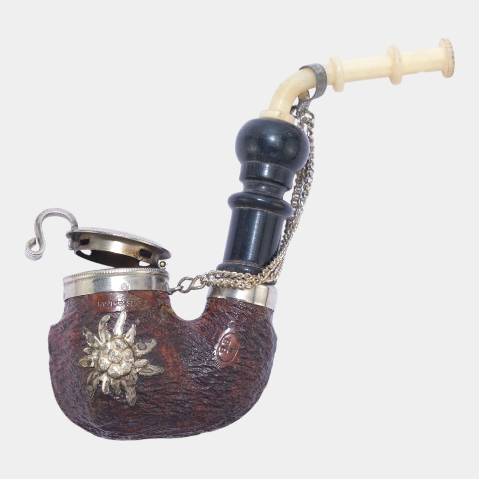 BBK Swiss Made Smoking Pipe With Applied Metal Decorations & Chained Hinged Top (1 of 4)