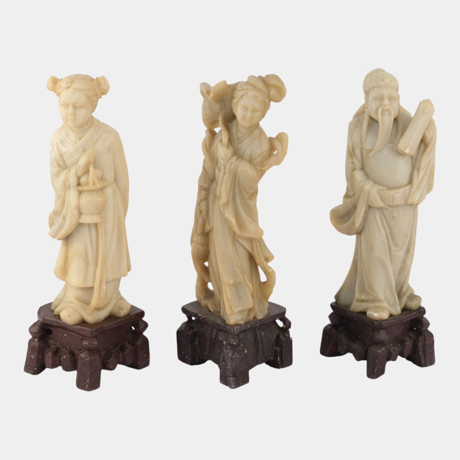 Chinese Carved Figural Group Of Three Stone Figures on Wood Stands (1 of 6)