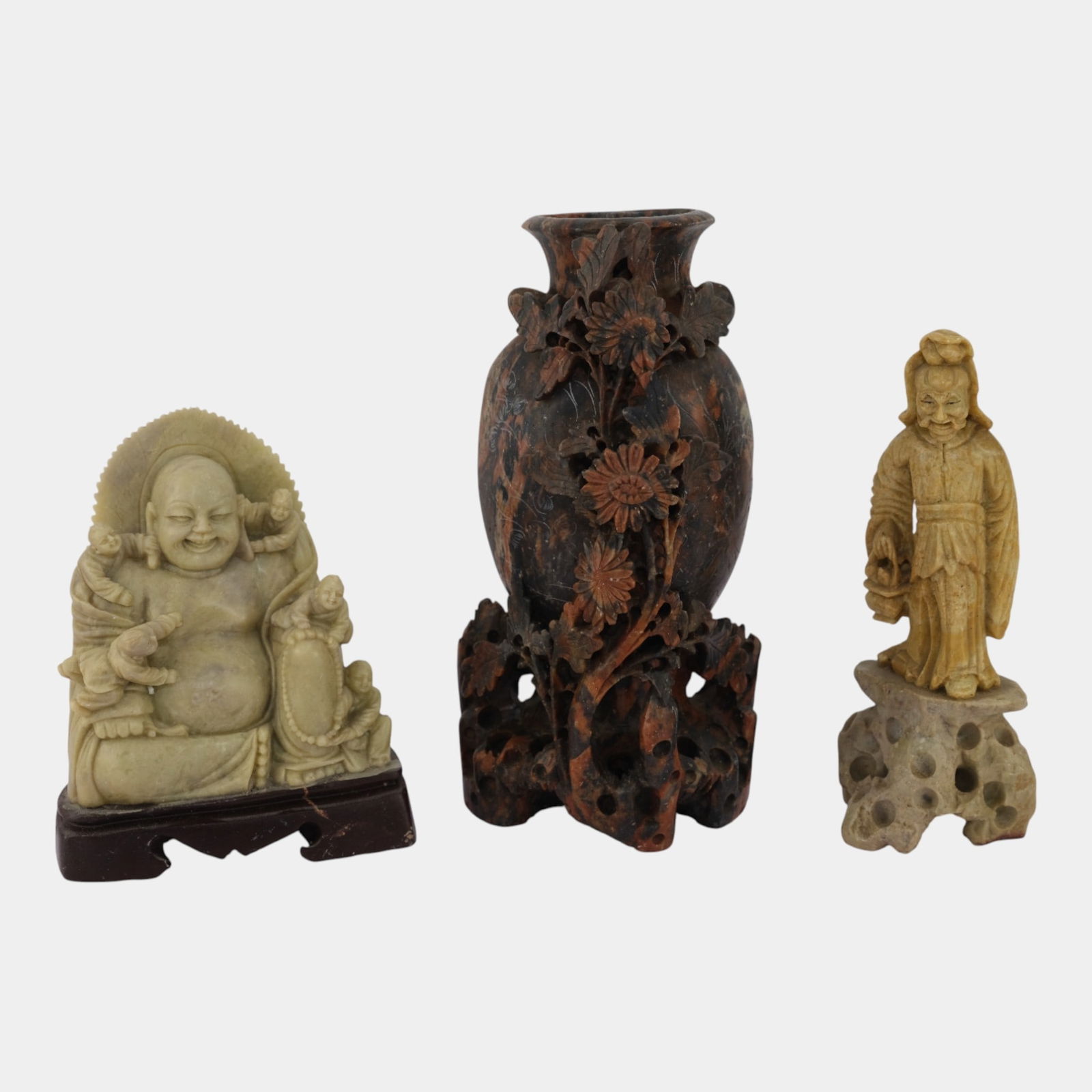 Chinese Carved Figural Group Of Three Stone Figures on Stone Stands (1 of 8)