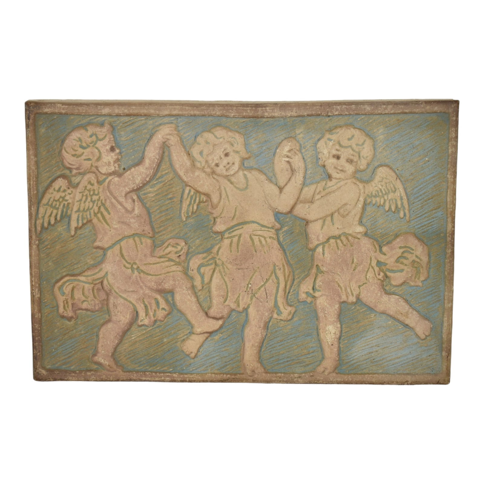 Batchelder California 1920s Vintage Pottery Dancing Angels Tan Blue Large Tile: We offer affordable in-house shipping on all items. Batchelder California 1920s Vintage Pottery Dancing Angels Tan Blue Large Tile Large and decorative tile with three sweet angels holding hands and