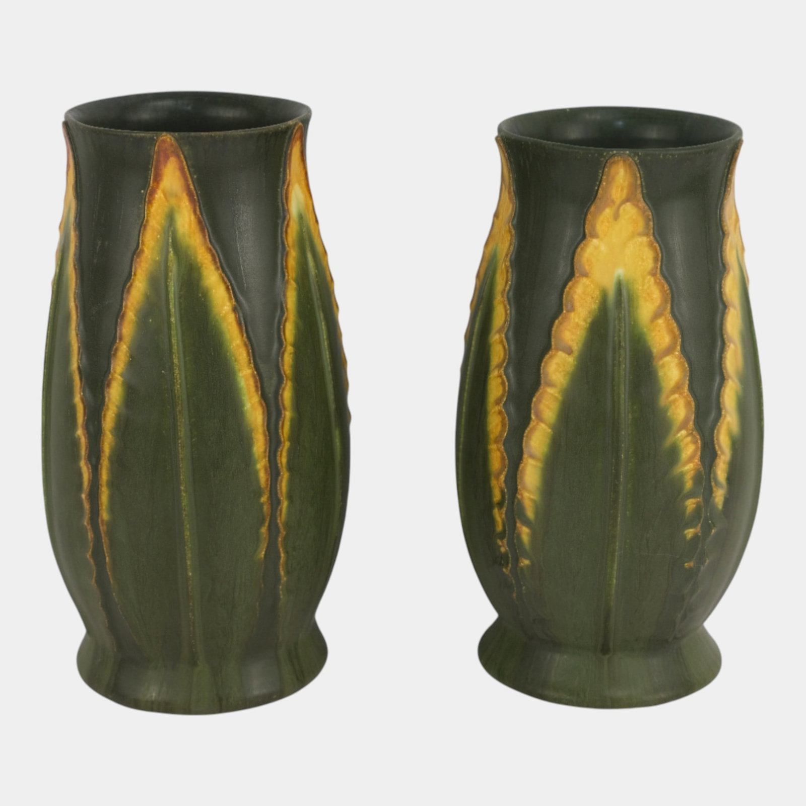 Ephraim Faience 2003 Matte Green Yellow Feathery Leaf Vases (1 of 3)