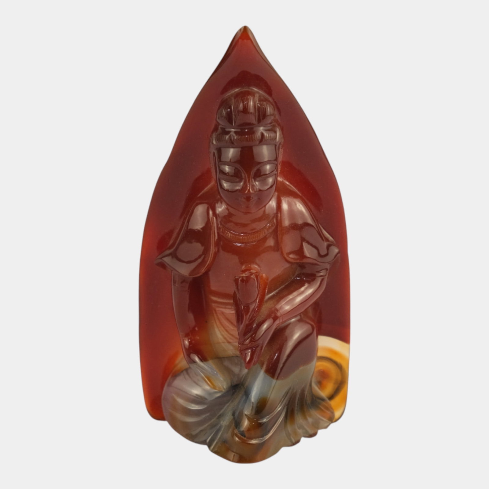 Carved Red Blue Orange Agate Depicting Buddhist Figure Guanyin: We offer affordable in-house shipping on all items. Carved Red Blue Orange Agate Depicting Buddhist Figure Guanyin Gracefully sculpted translucent agate figure of Guanyin, displaying warm amber and h