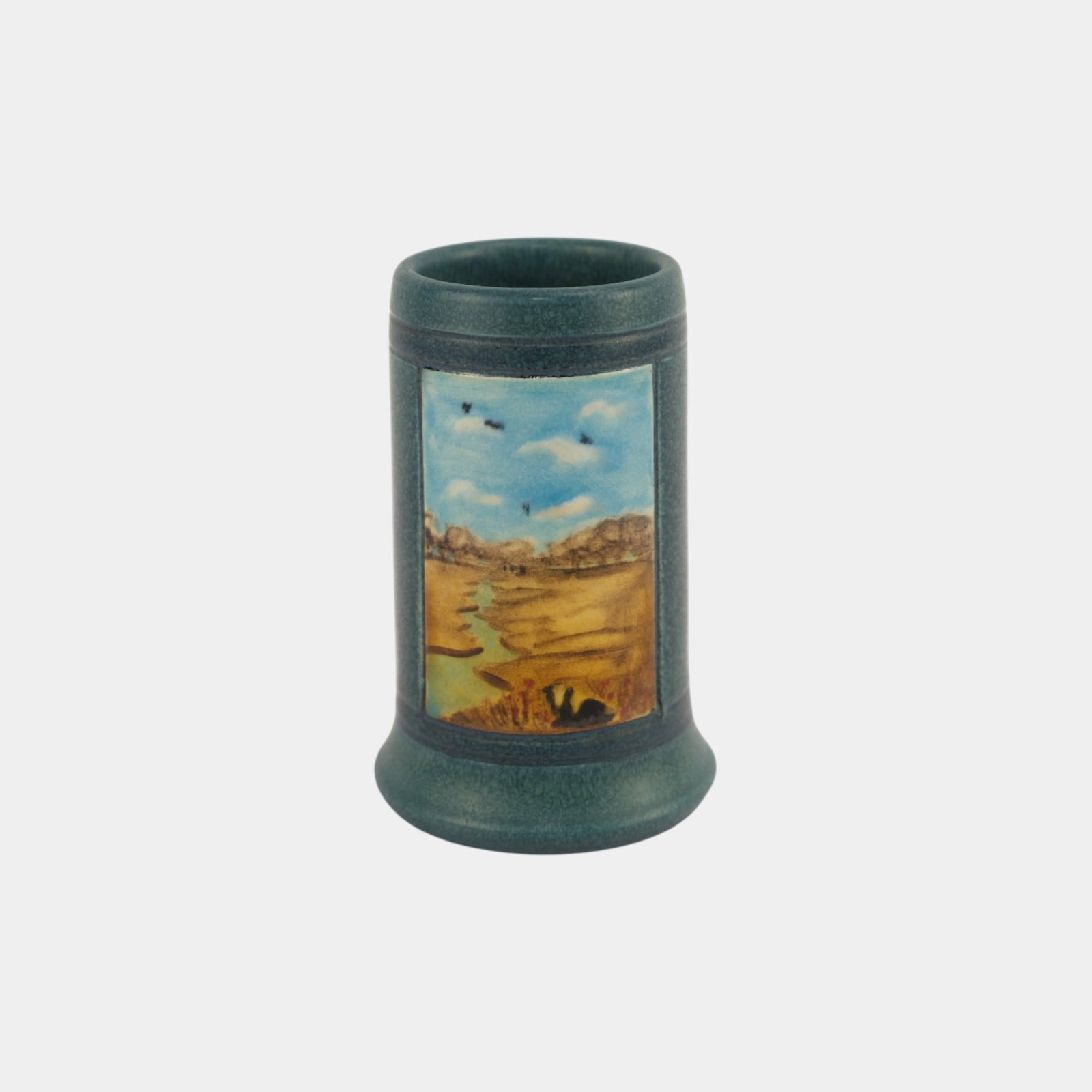 Ephraim Faience 2023 Matte Blue Pastoral Scenic Miniature Art Pottery Vase: We offer affordable in-house shipping on all items. Ephraim Faience 2023 Matte Blue Pastoral Scenic Miniature Art Pottery Vase Ephraim Faience vase in matte blue glaze featuring a scenic hand-painted