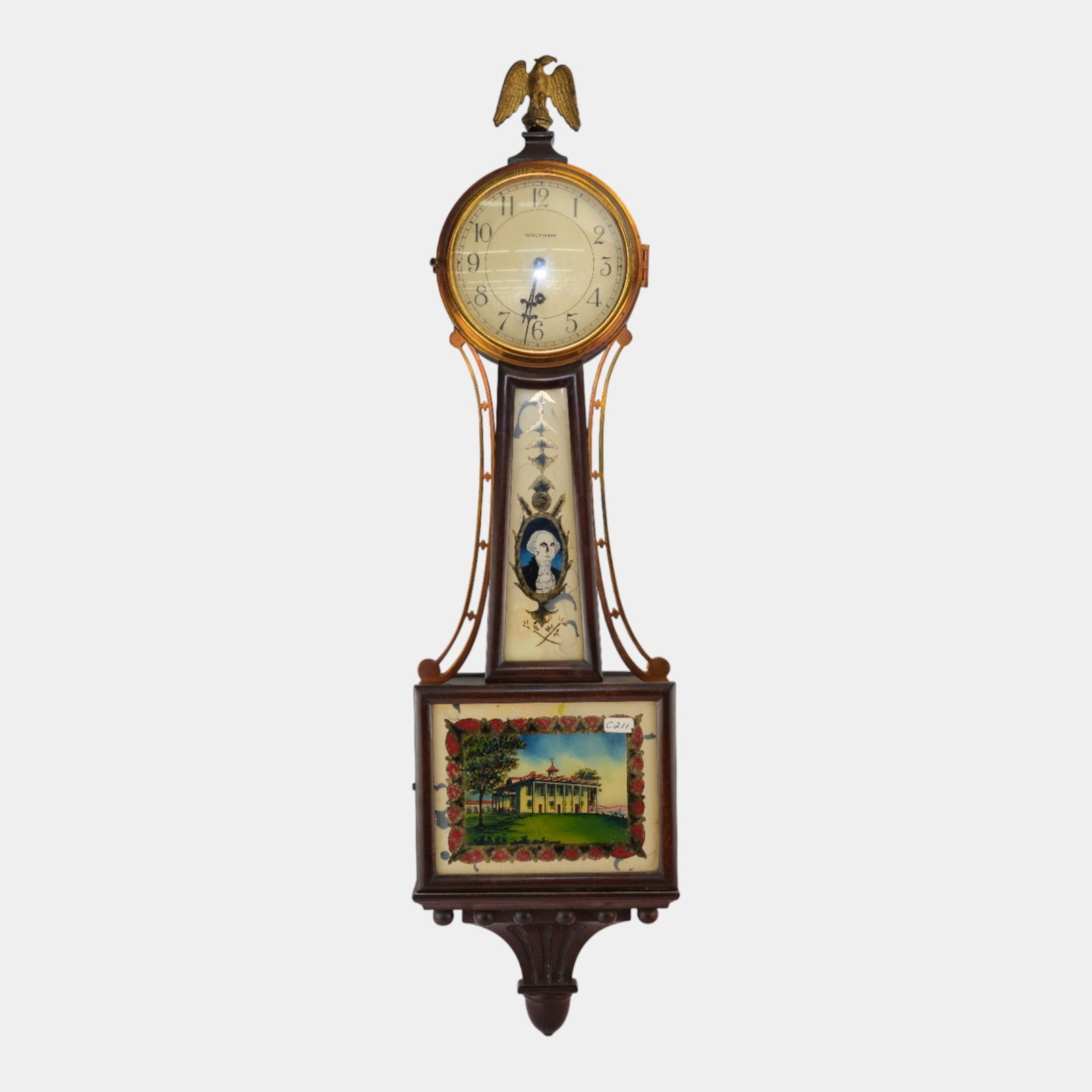 Waltham Clock Co. 1900s Reverse Painted Glass George Washington Mt Vernon Banjo Clock (1 of 11)